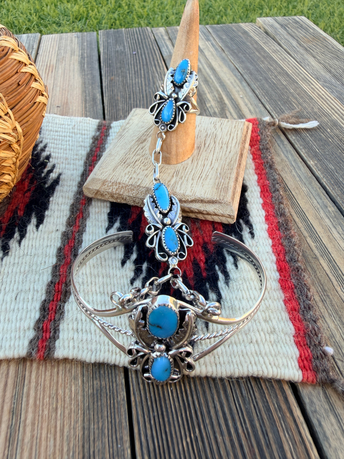 Handcrafted Turquoise & Sterling Silver Hand Chain Cuff Bracelet by Harry Yazzie