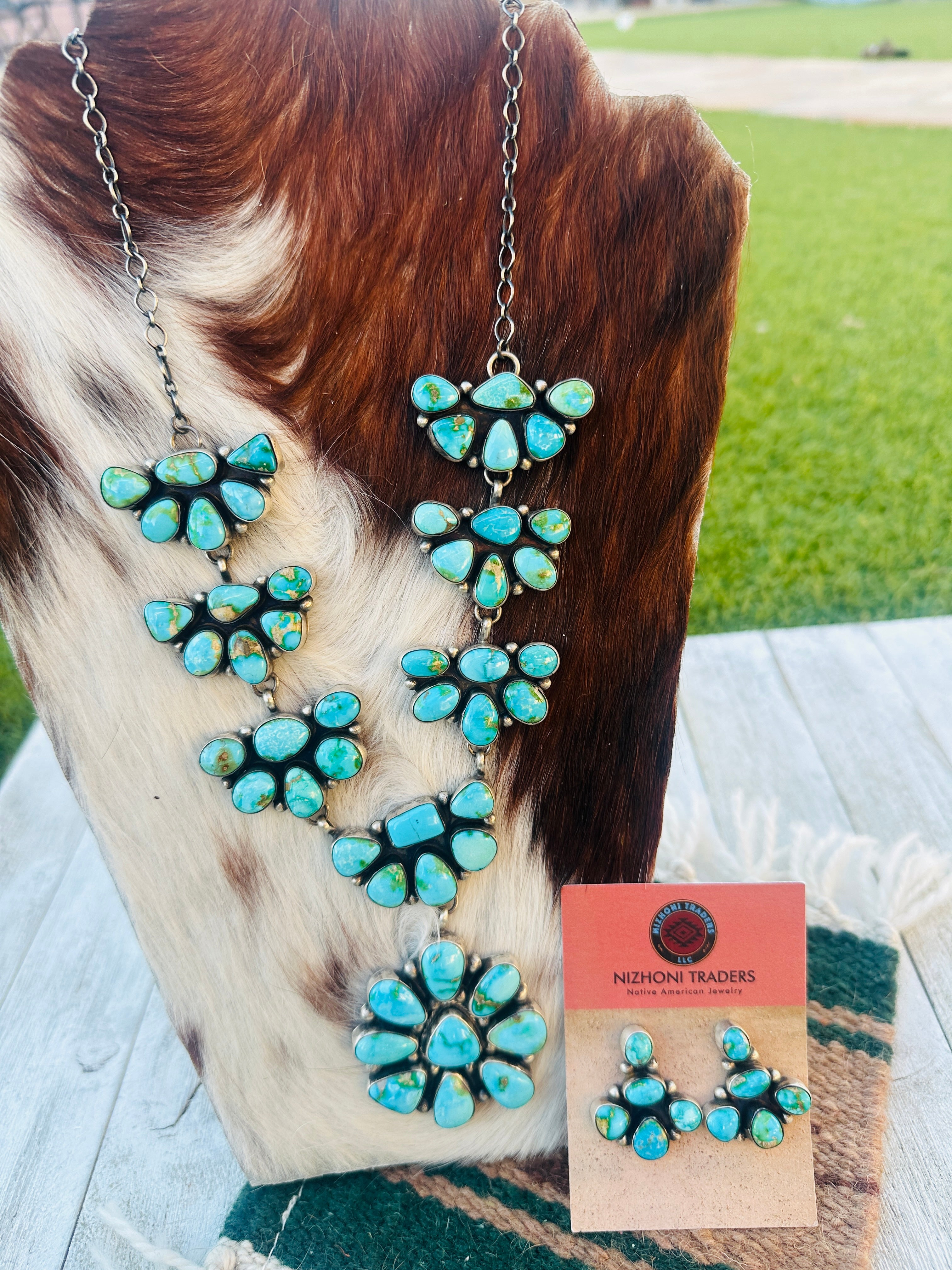 Handcrafted Sonoran Mountain Turquoise & Sterling Silver Necklace and Earring Set by Sheila Becenti