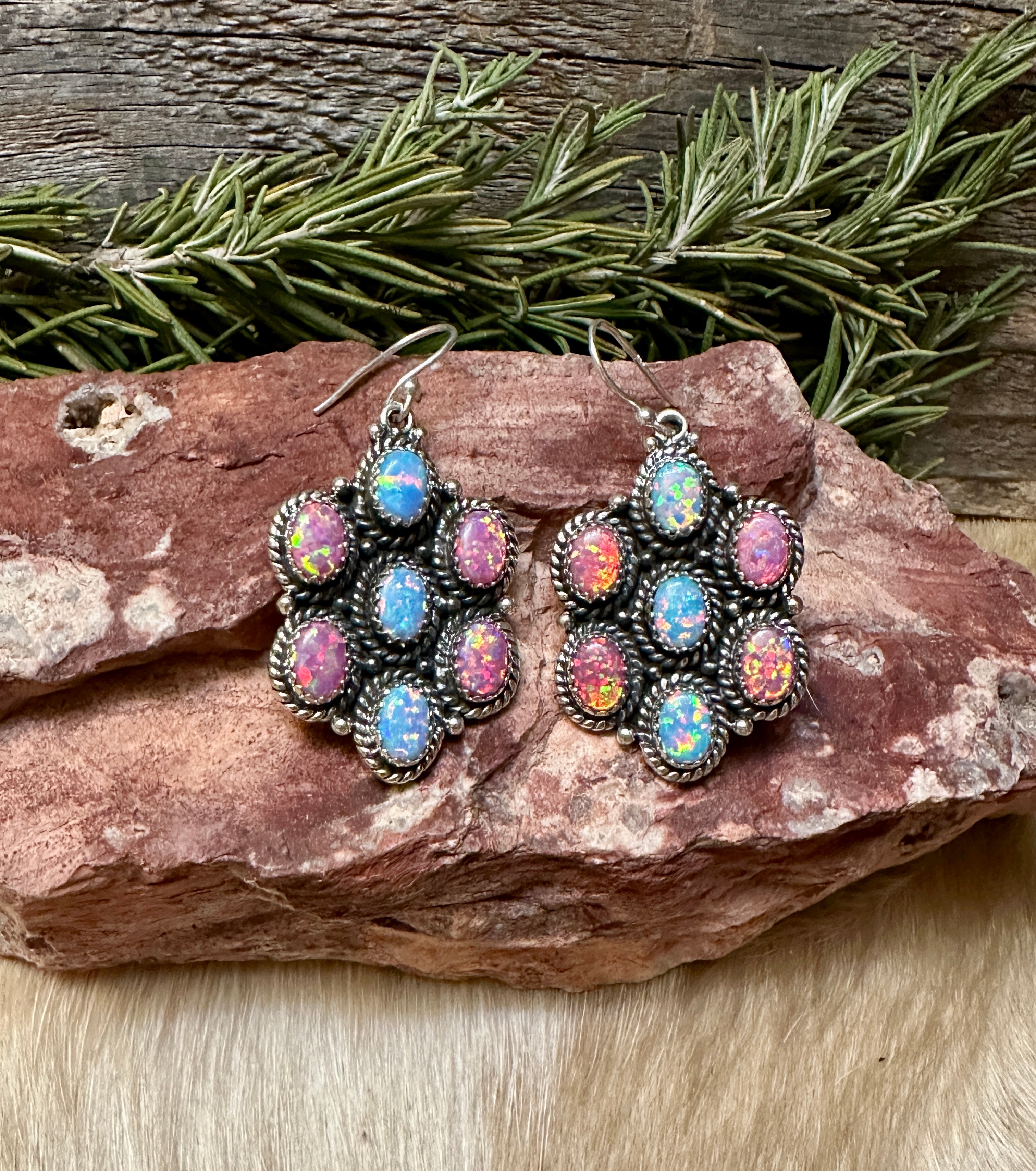 Handmade Pink and Blue Opal Sterling Silver Wire Dangle Earrings