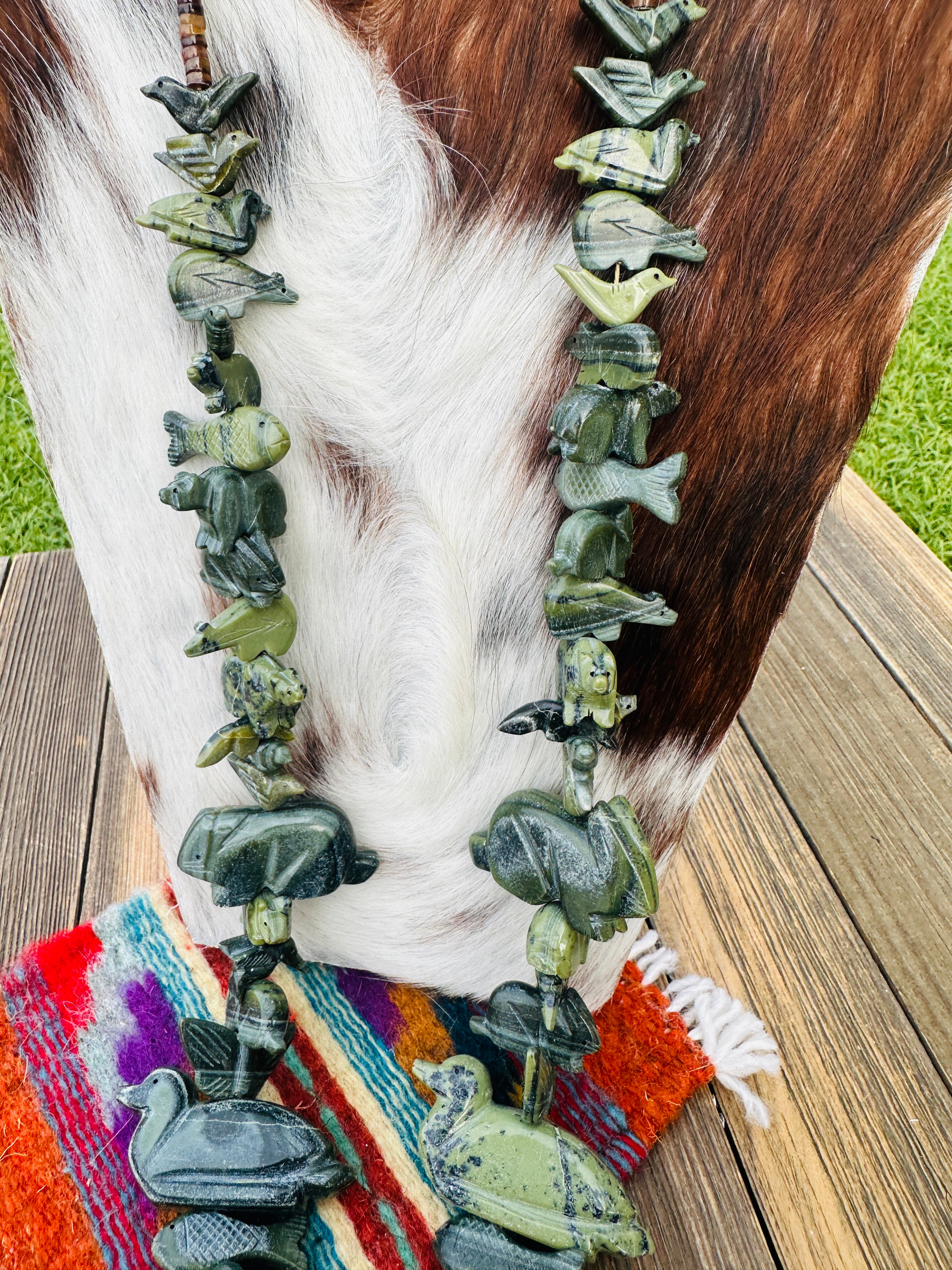 Handcrafted Serpentine & Sterling Silver Fetish Beaded Necklace