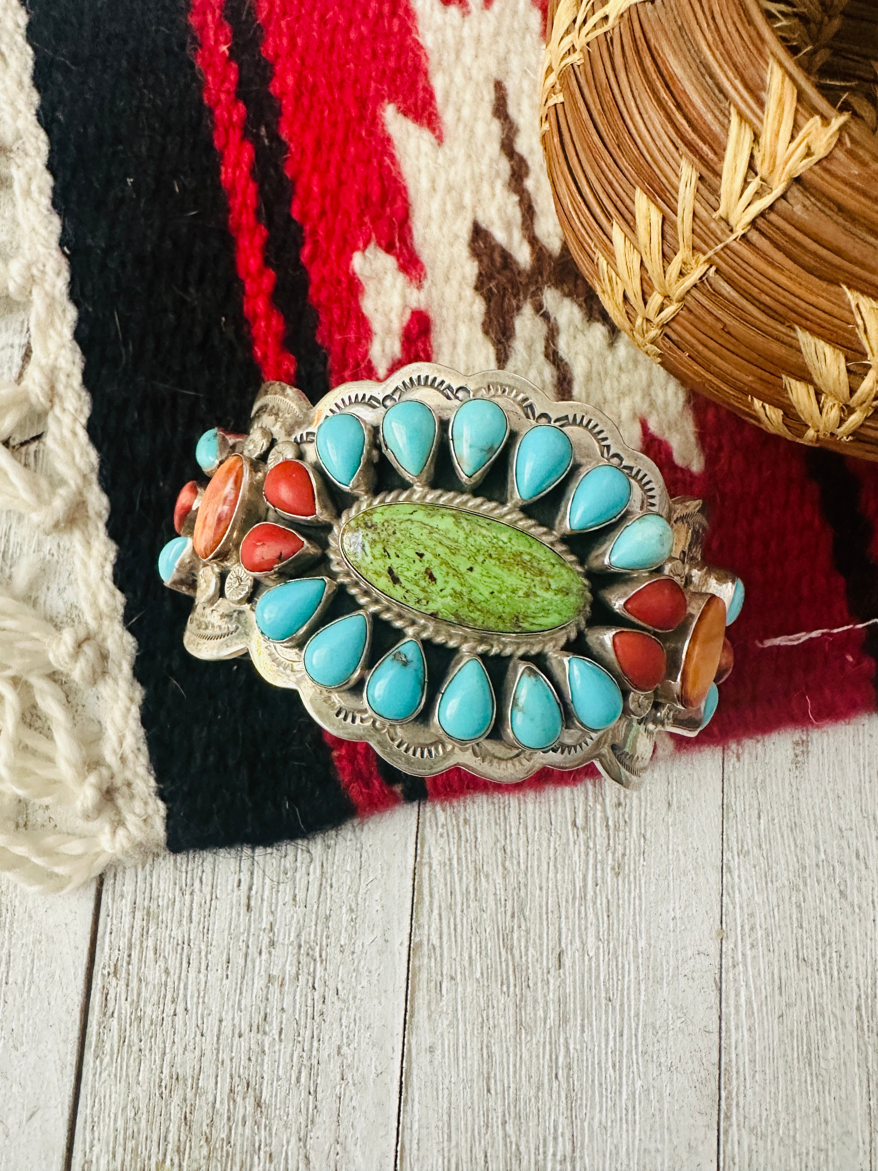 Bobby Johnson Turquoise, Spiny Sterling Silver Cuff Bracelet /