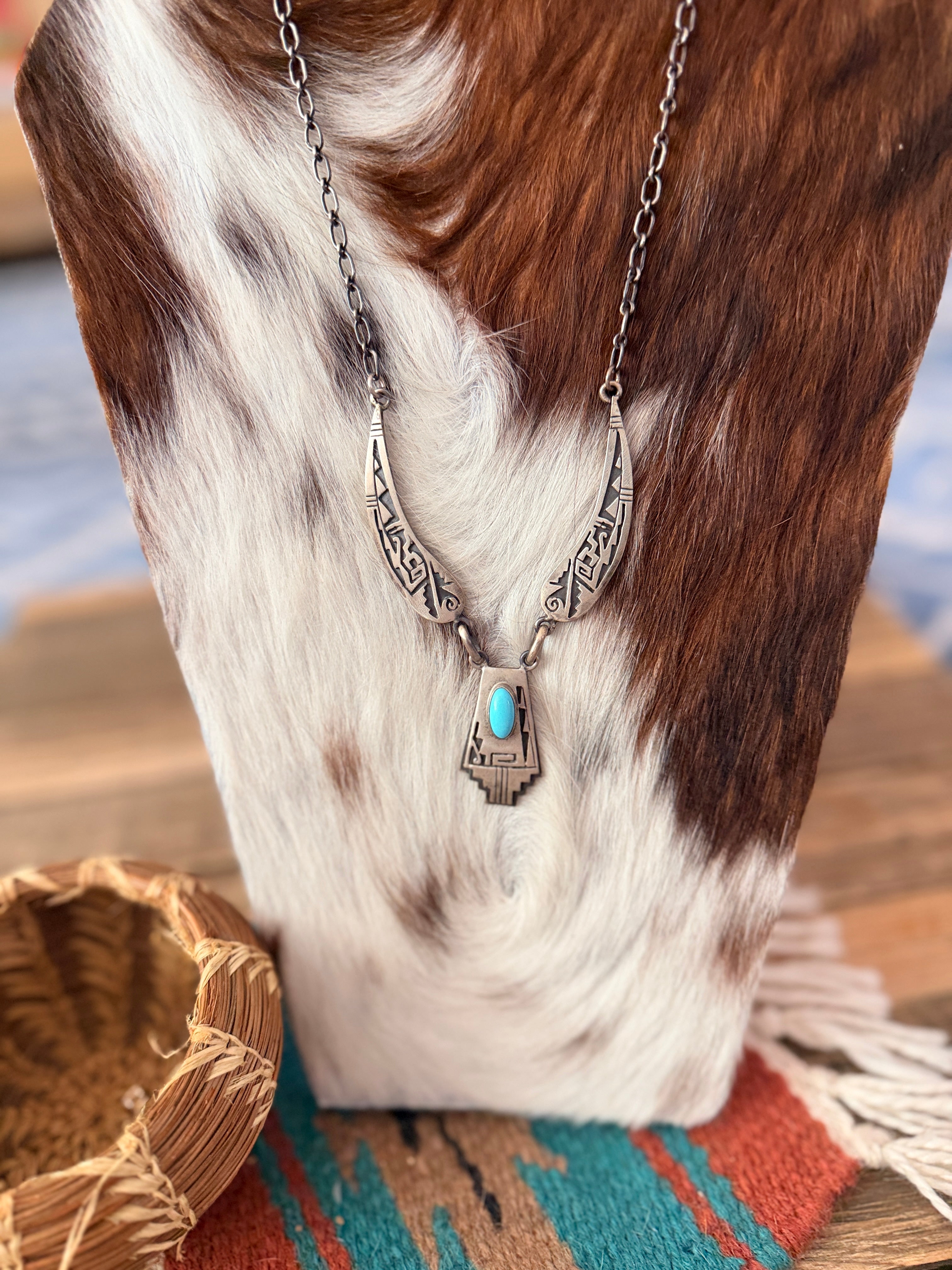 Old Pawn Handcrafted Sterling Silver and Turquoise Necklace