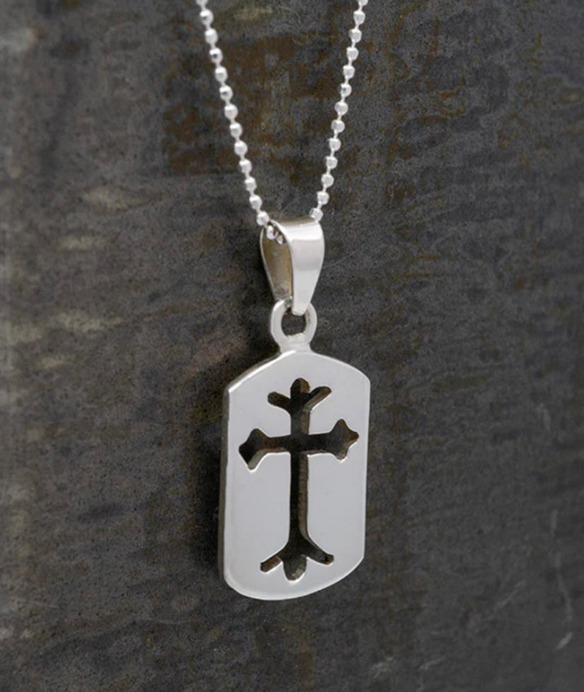 Dog Tag Cross Sterling Silver Pendant Necklace