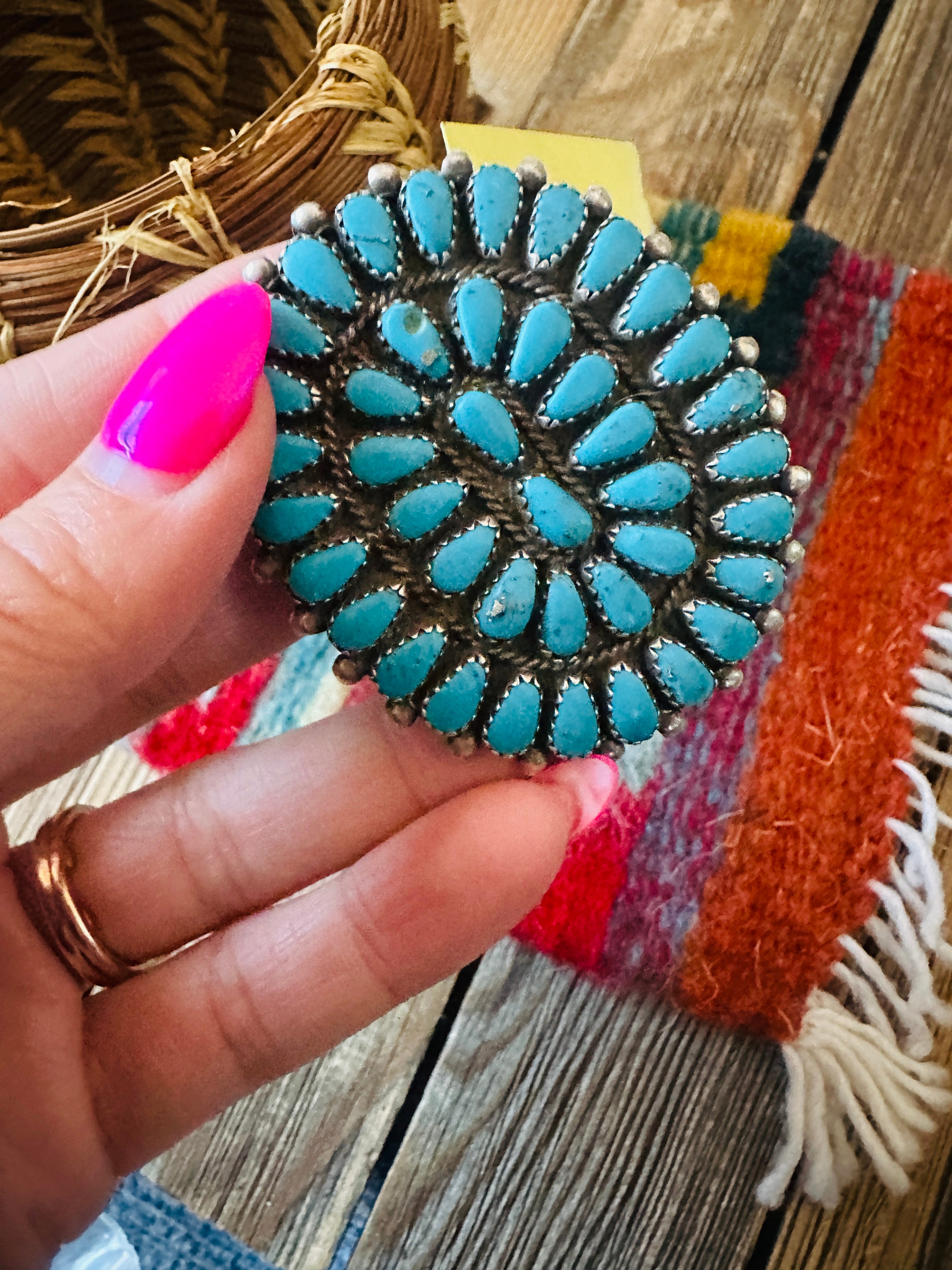 Old Pawn Handcrafted Turquoise and Sterling Silver Cluster Brooch/ Pendant