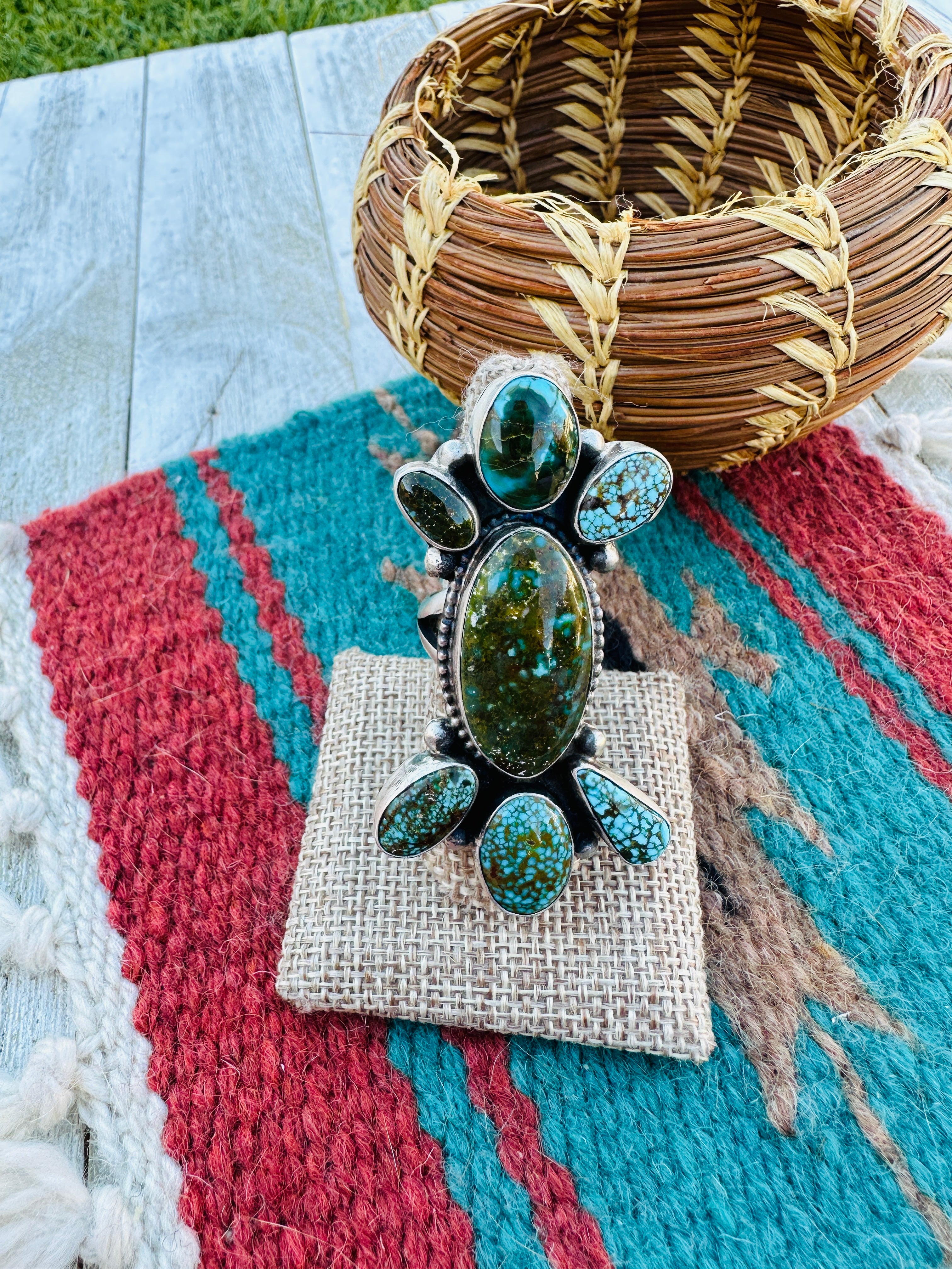 Hand Crafted Turquoise & Sterling Silver Ring Size 8.5 by Ella Peter