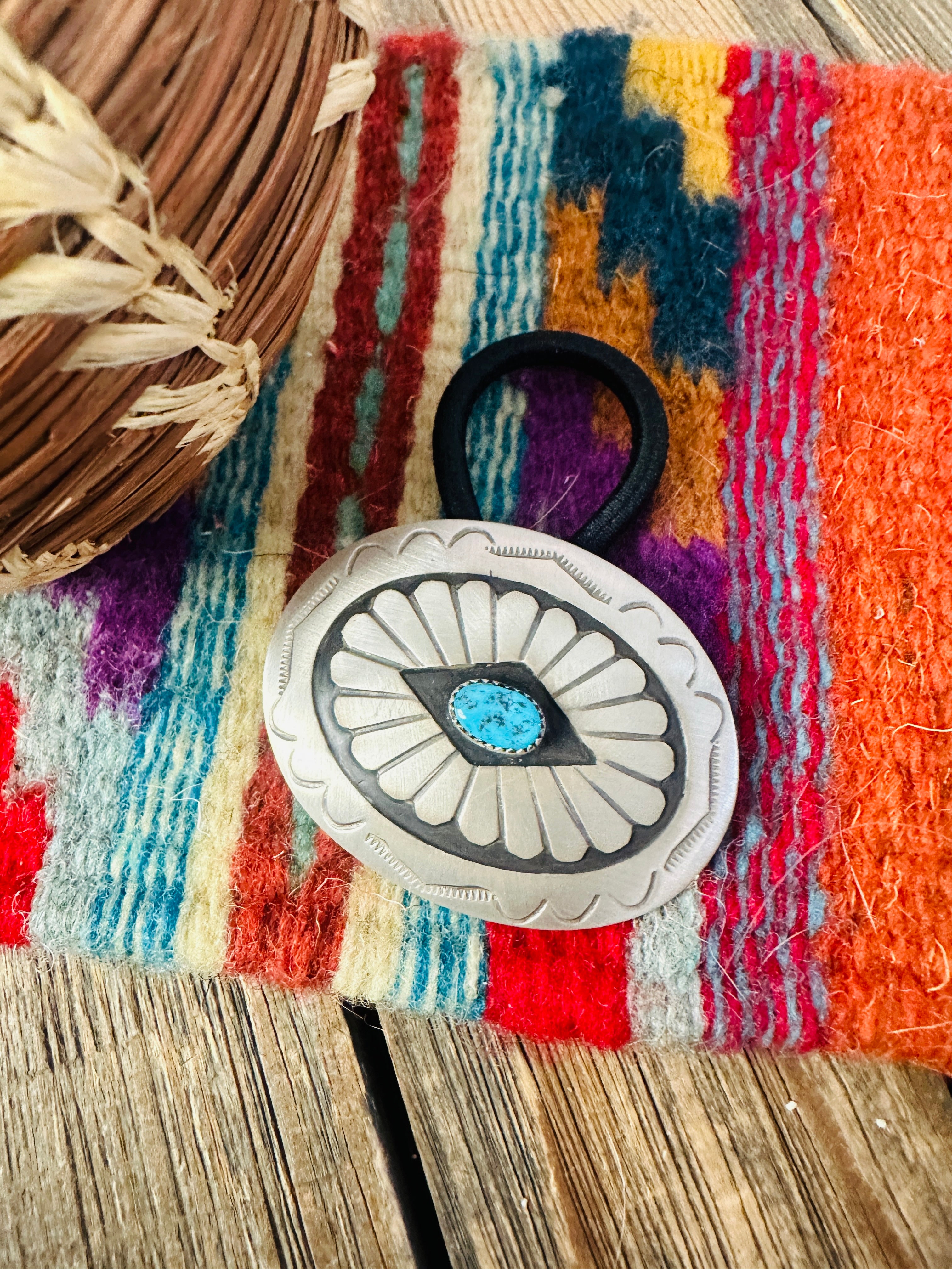 Handcrafted Turquoise & Sterling Silver Concho Hair Tie