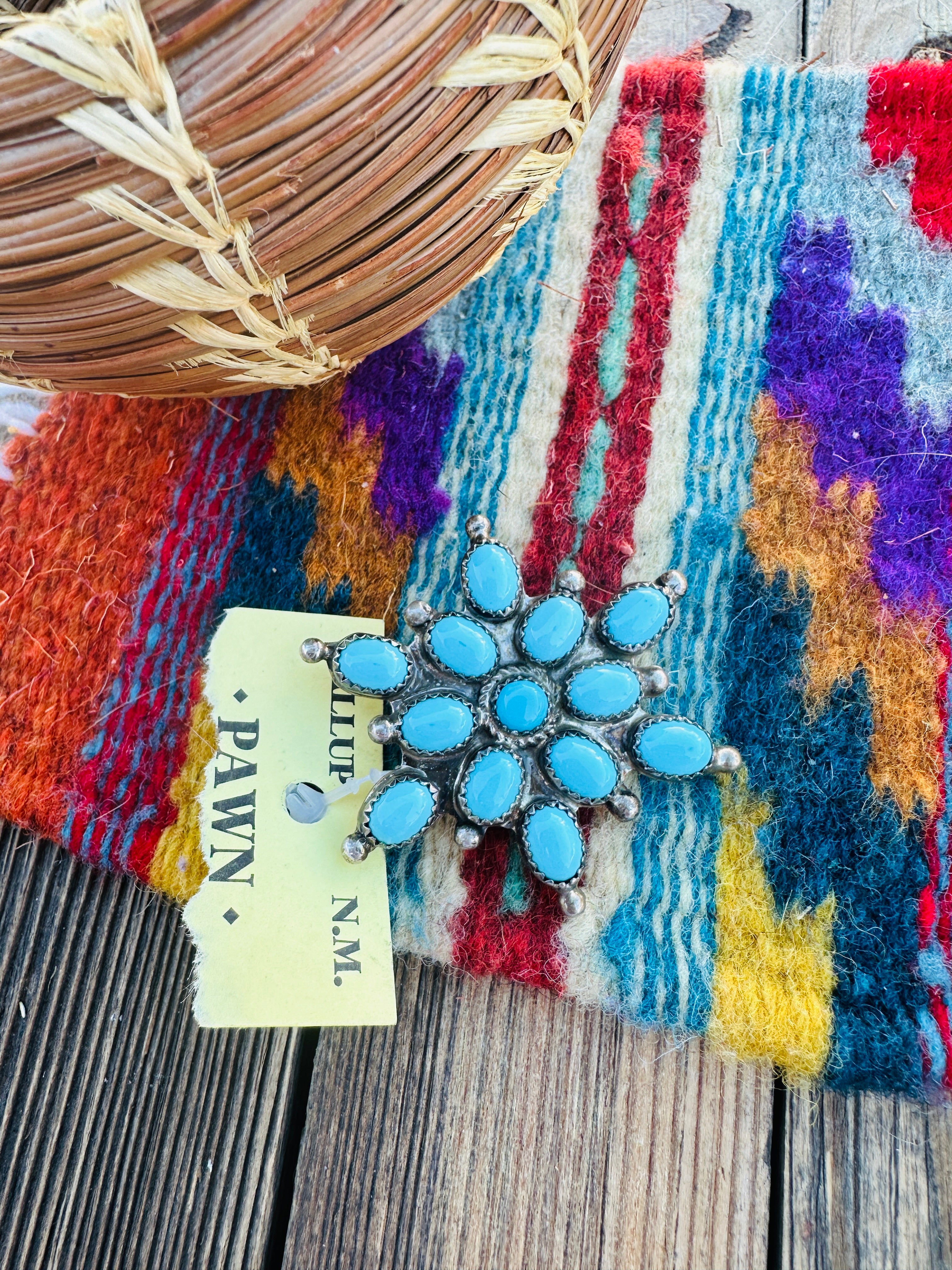 Old Pawn Handcrafted Turquoise and Sterling Silver Cluster Brooch