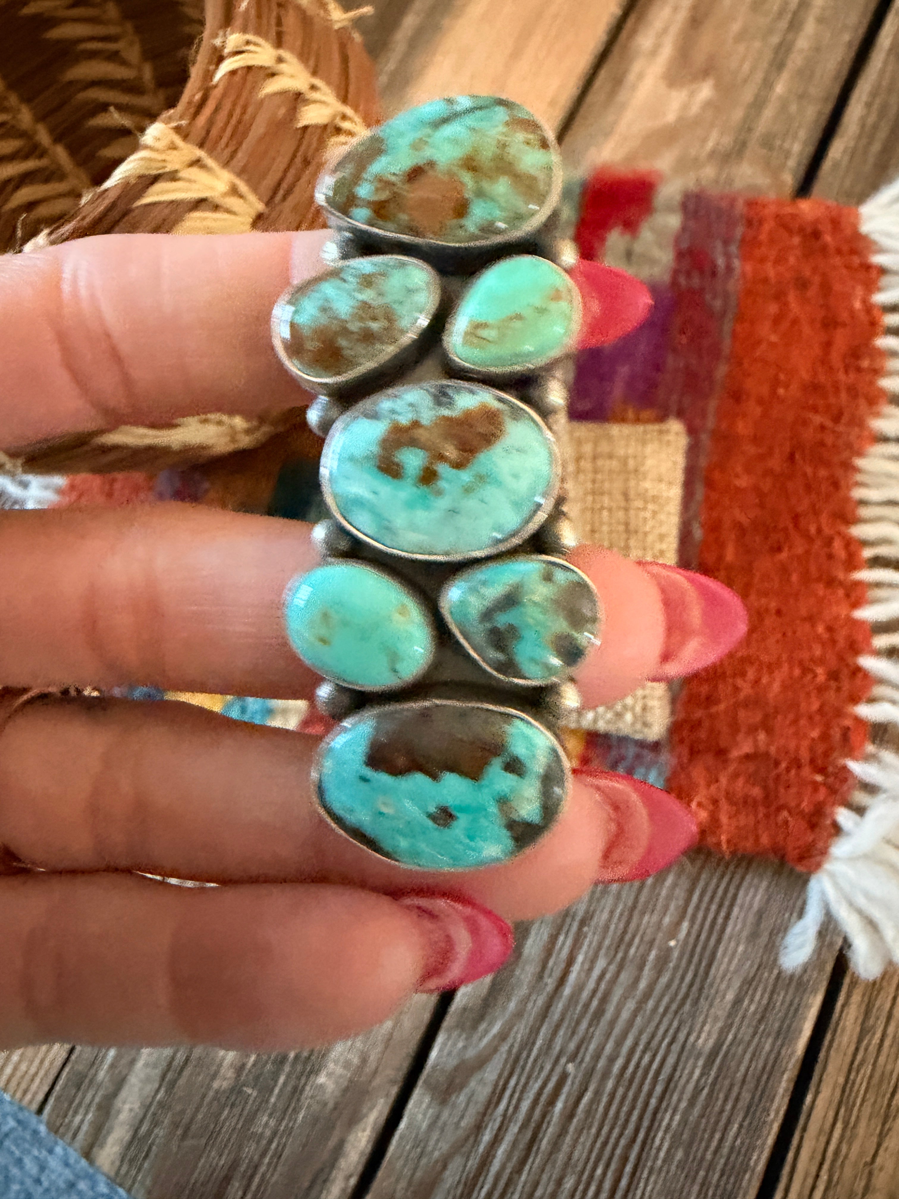 Handcrafted Turquoise & Sterling Silver Cluster Ring Size 8