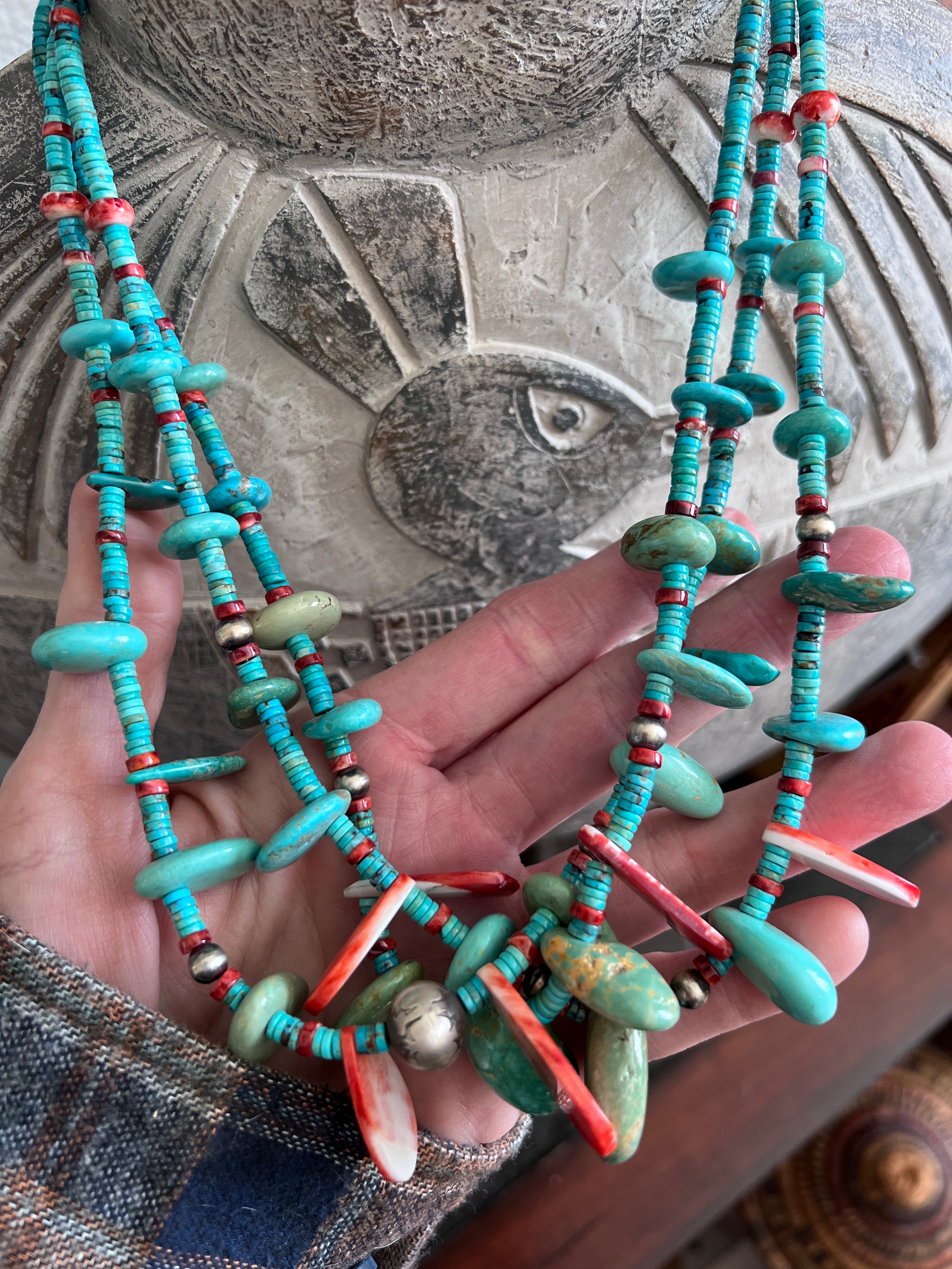 Gorgeous Handcrafted Triple Strand Sterling Silver, Turquoise and Spiny Oyster Beaded Tab Necklace by Daniel Coriz