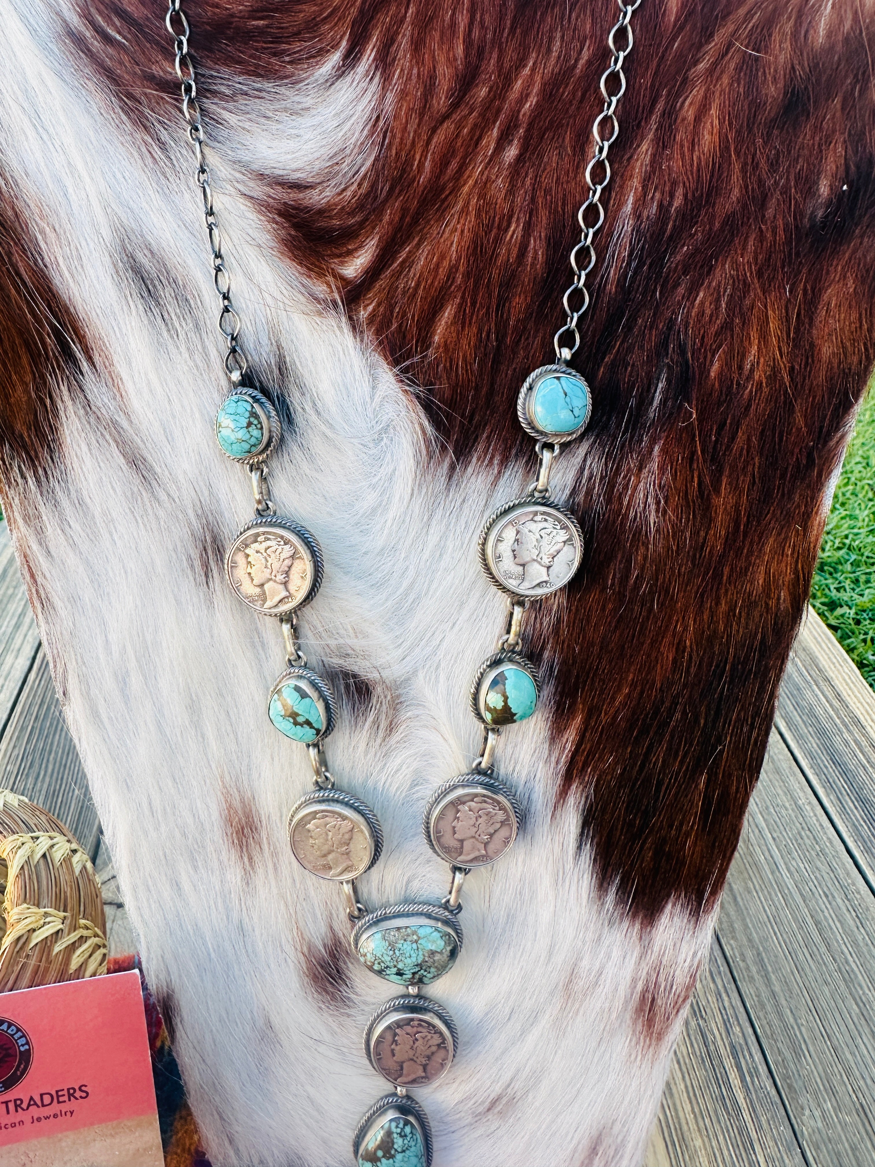 Handcrafted Turquoise & Sterling Silver Liberty Dime Necklace and Earrings Set