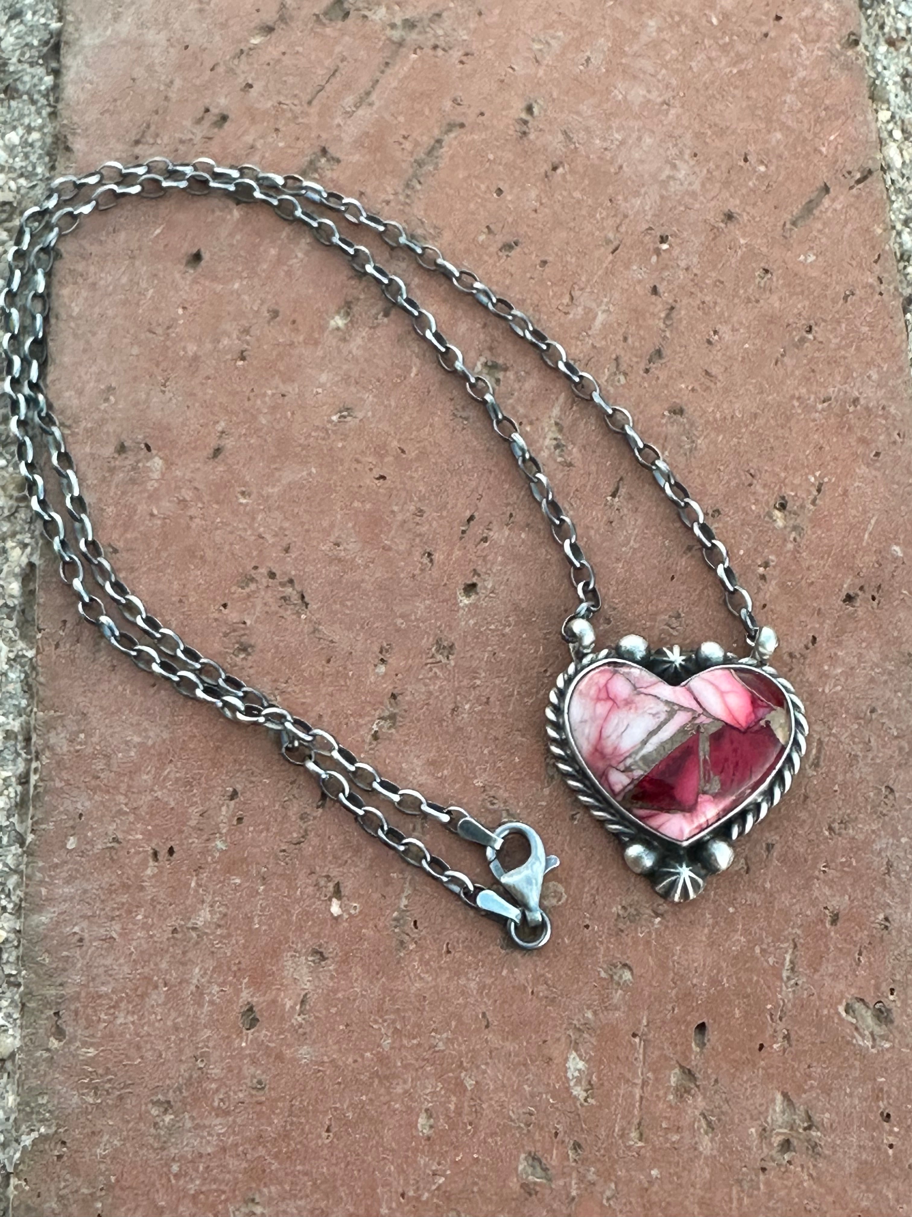 Handcrafted Rose Dahlia & Sterling Silver Heart Necklace