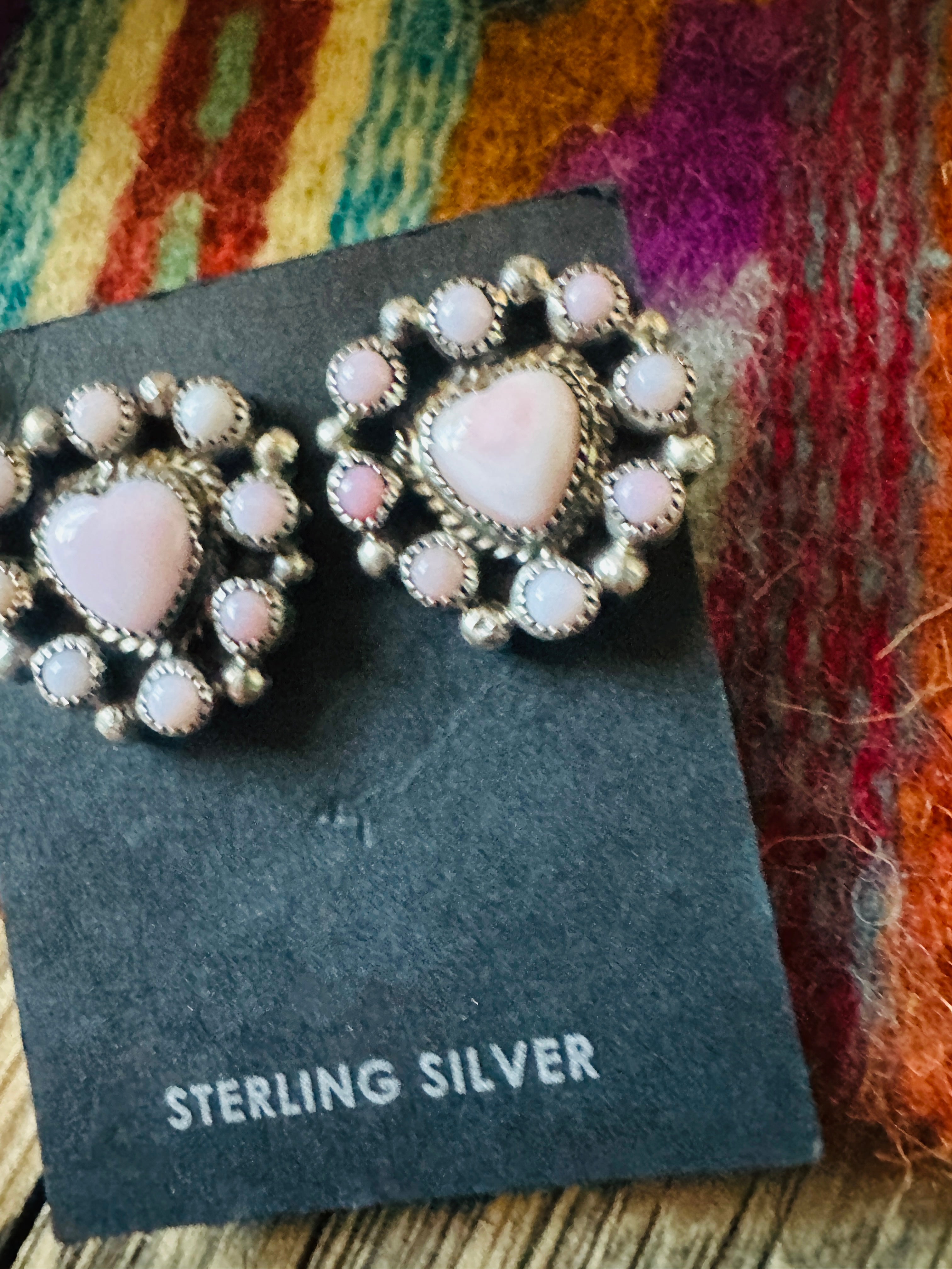 Handcrafted Queen Pink Conch & Sterling Silver Cluster Heart Post Earrings