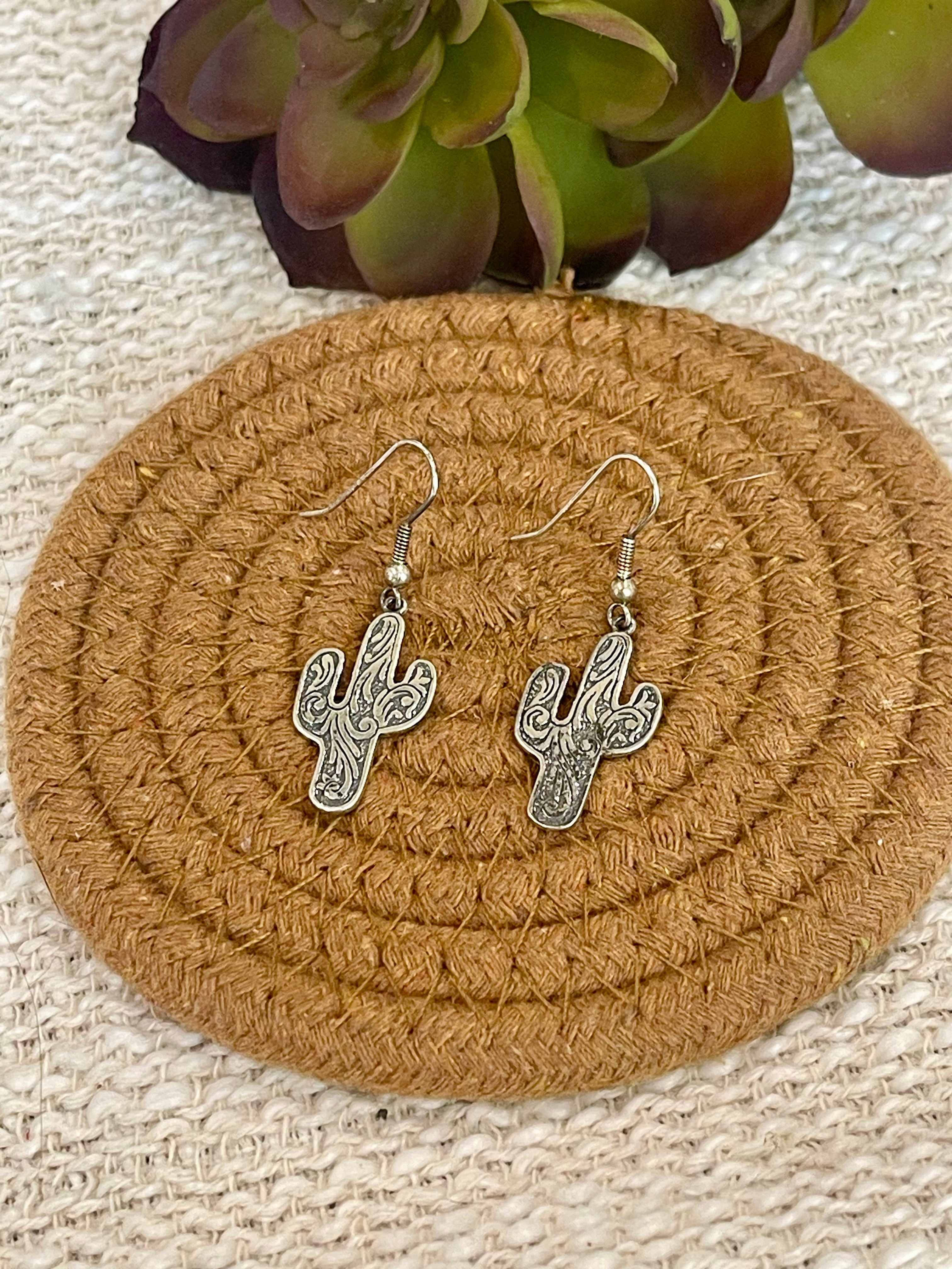 Old Pawn Handmade Sterling Silver Cactus Dangle Earrings