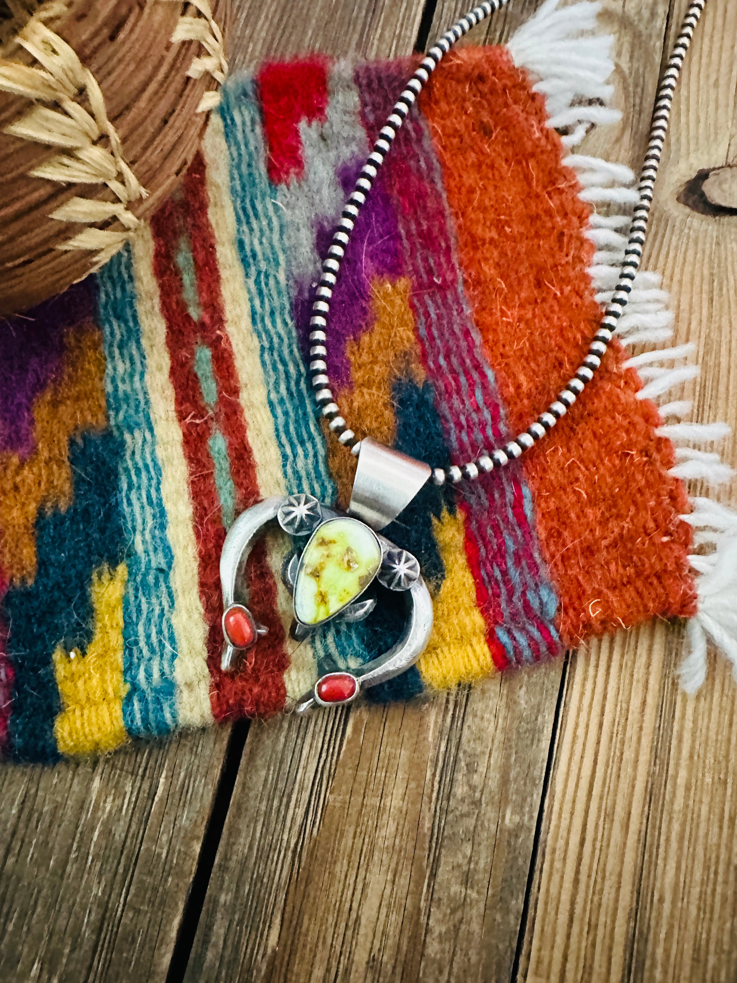 Handcrafted Sterling Silver, Turquoise & Coral Naja Pendant by Chimney Butte