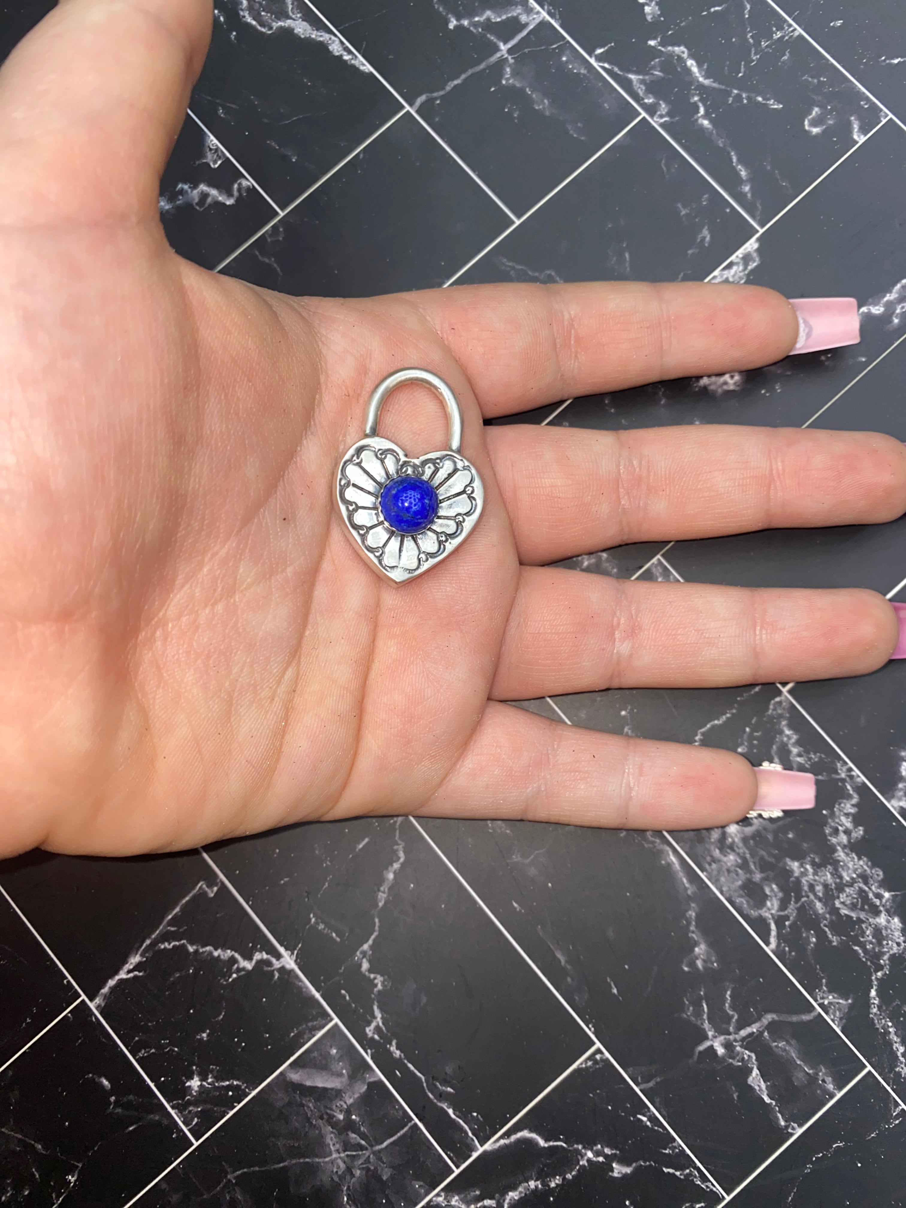 Sterling Silver Heart Padlock Pendant with Lapis Stone