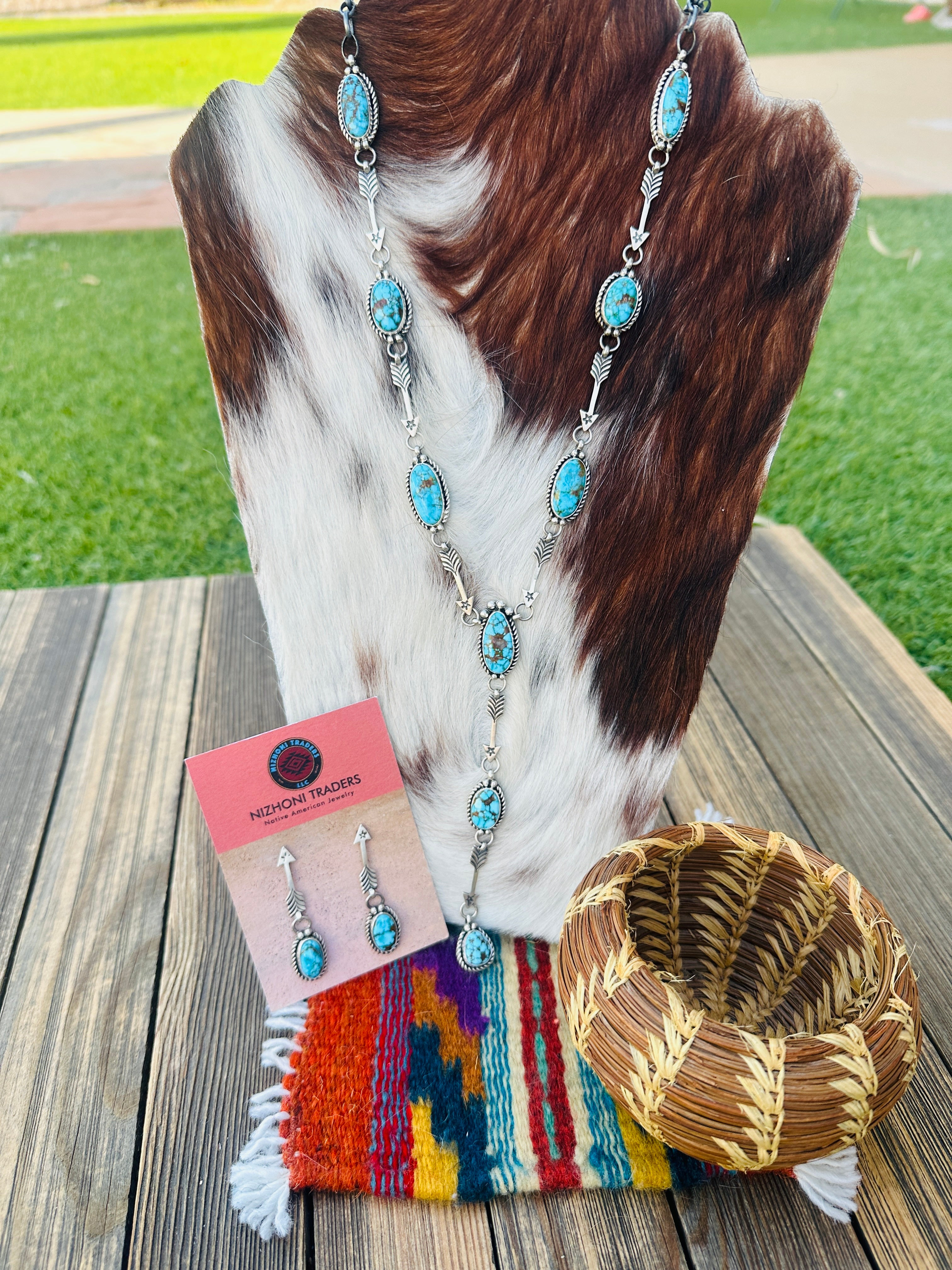 Handcrafted Turquoise & Sterling Silver Arrow Necklace and Earring Set by Fred Francis