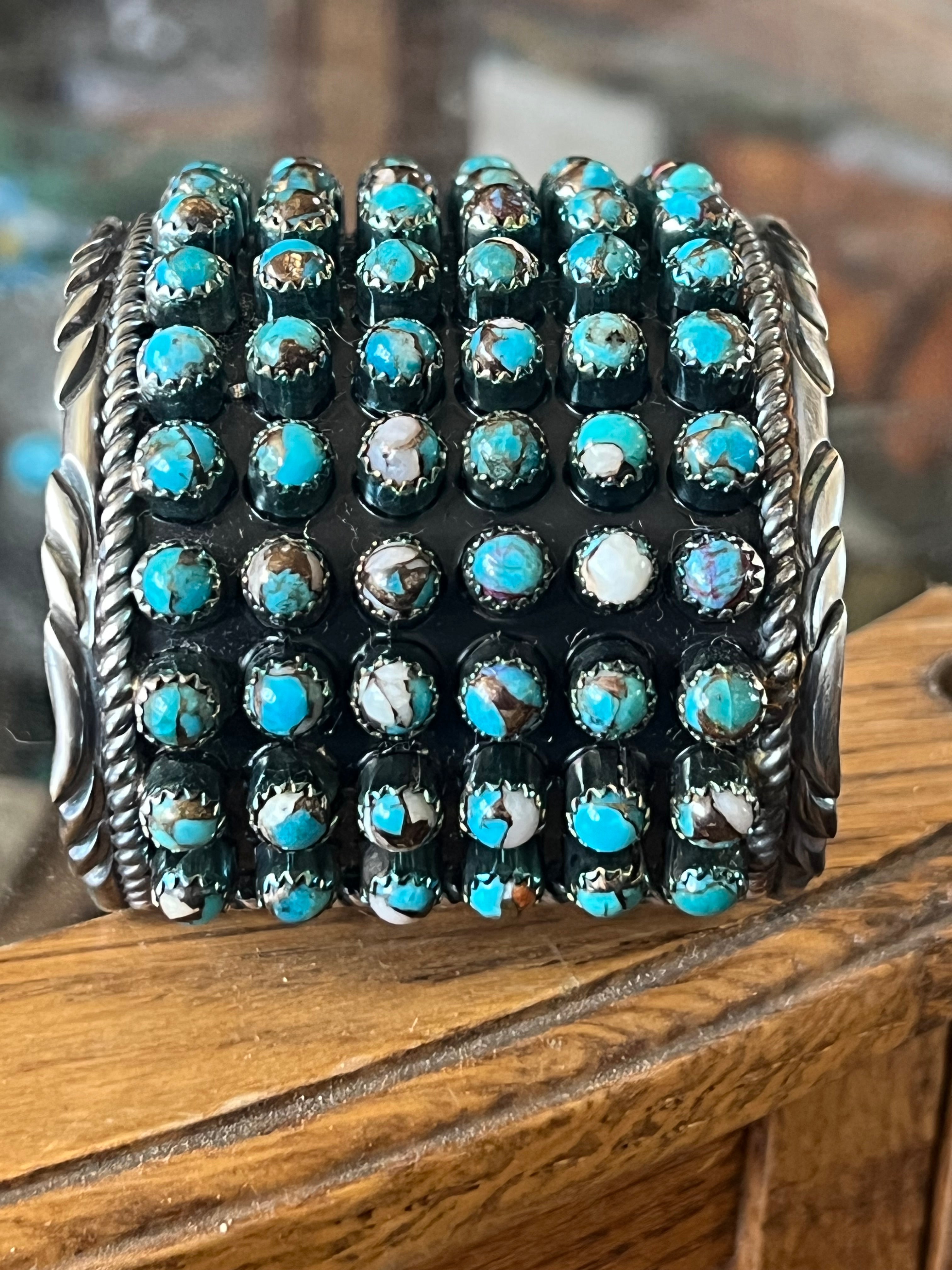 Handcrafted Sterling Silver and Blue Mohave Snake Eye Style Six Row Cuff Bracelet, Signed BJ