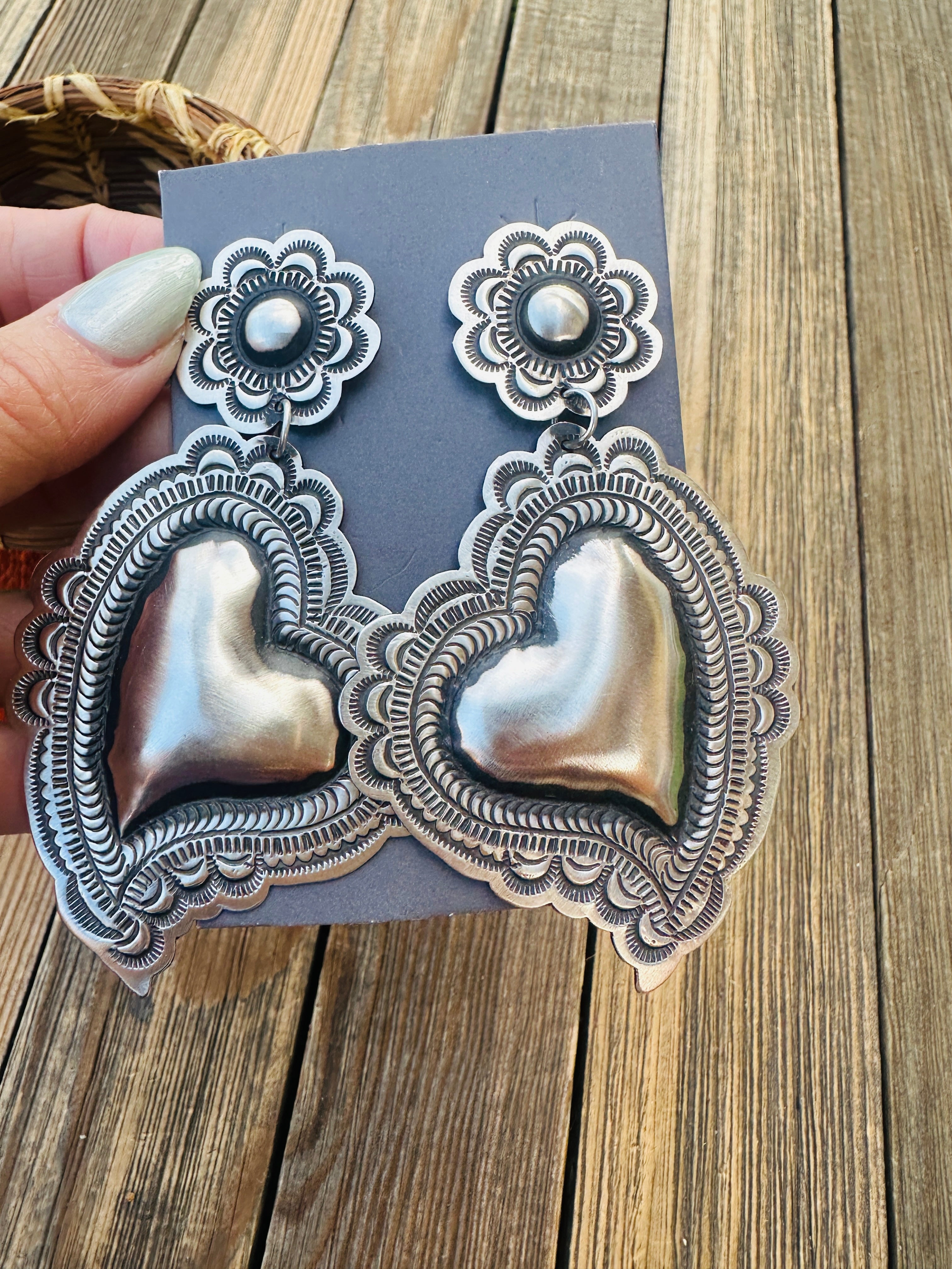 Handcrafted Sterling Silver Concho Heart Dangle Earrings by Leander Tahe