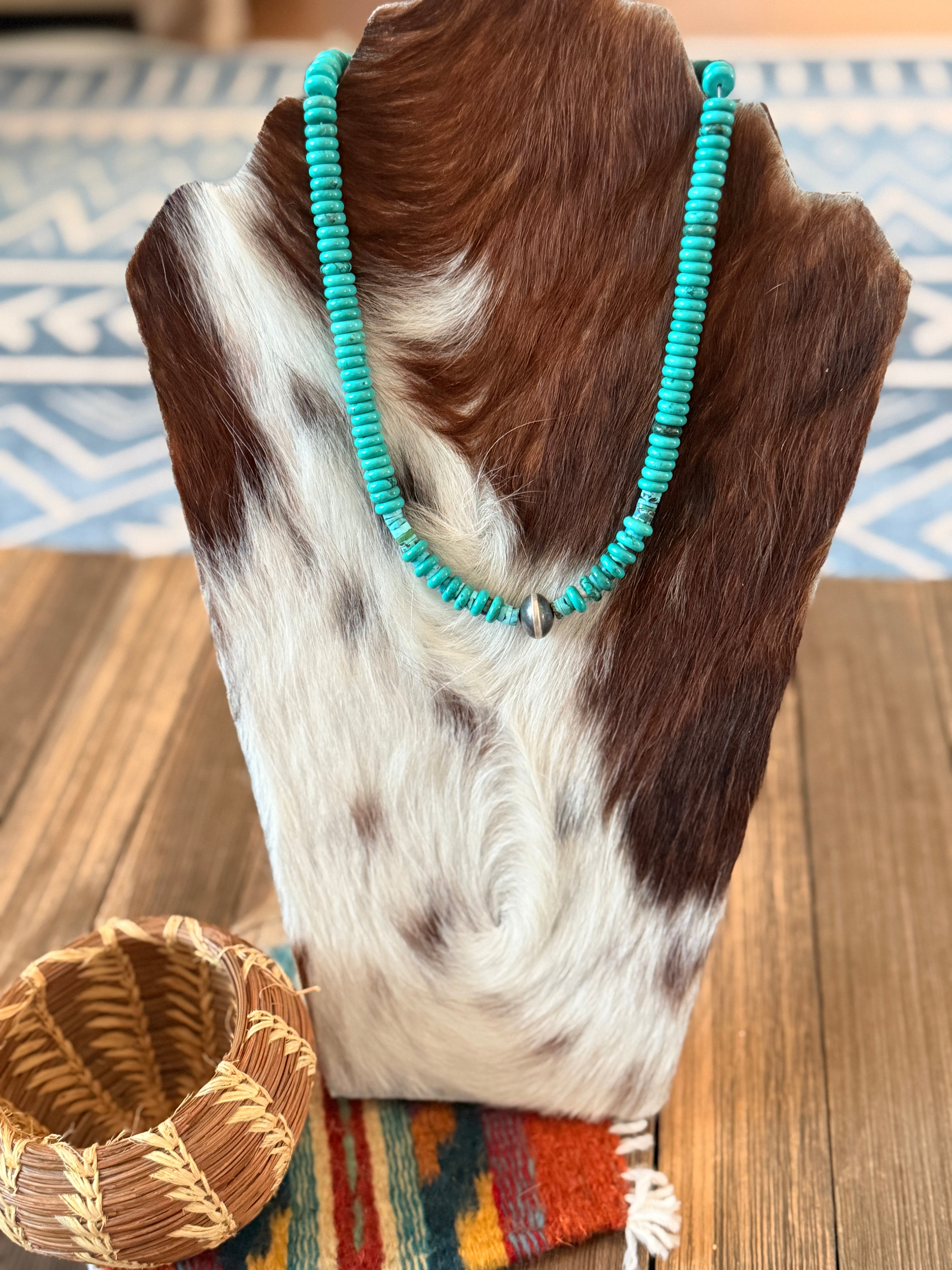 Handcrafted Turquoise & Sterling Silver Beaded 16” Necklace