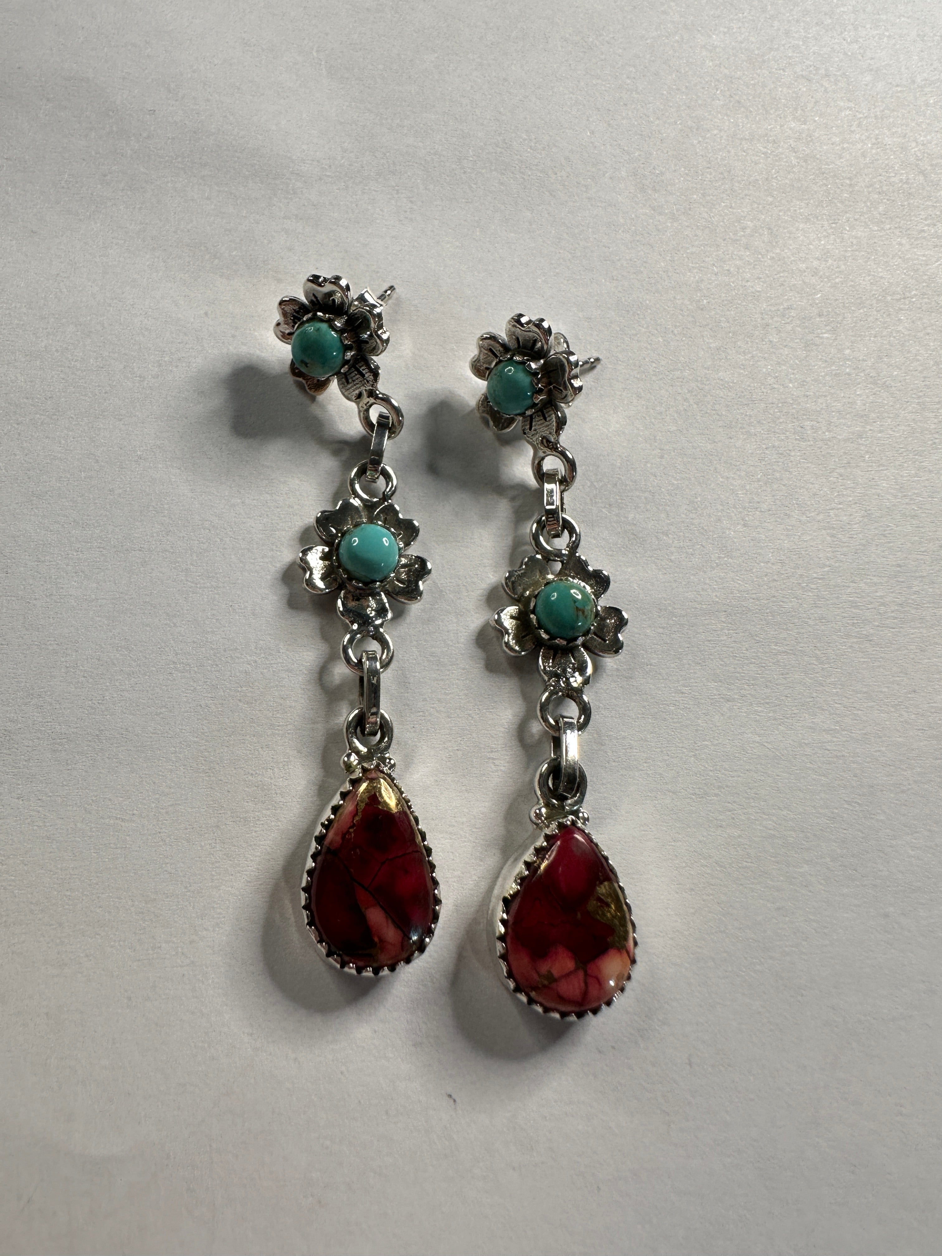 Dahlia Rose & Turquoise Handmade Sterling Silver Flower Dangles