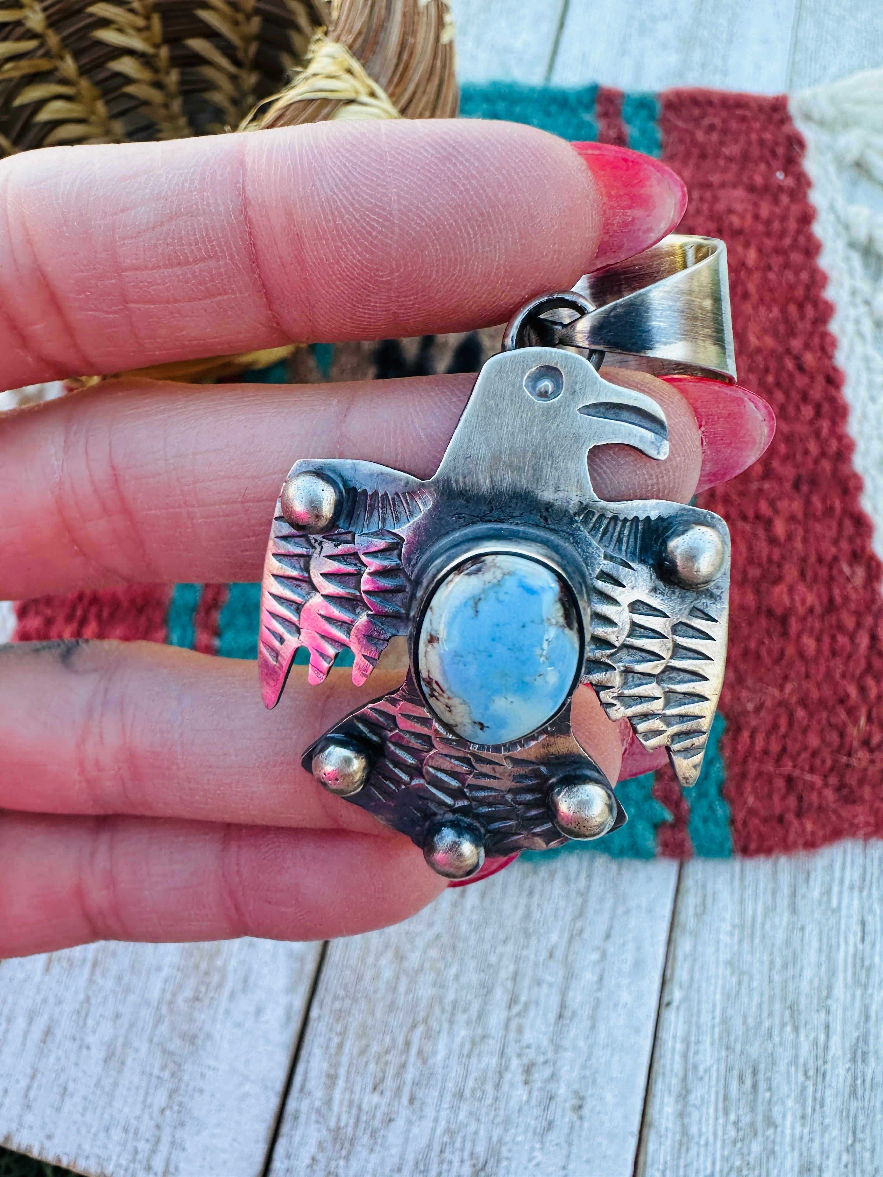Handcrafted Sterling Silver & Golden Hills Turquoise Thunderbird Pendant by Chimney Butte