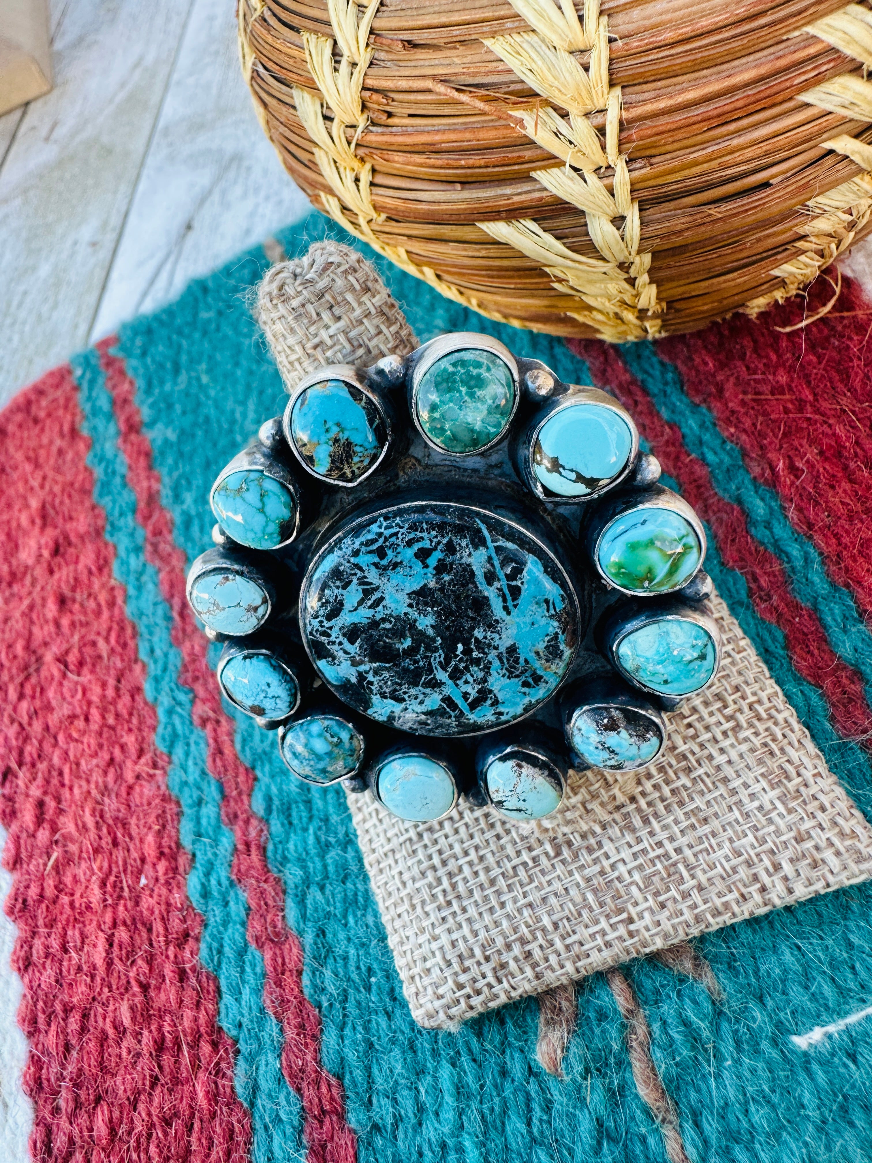 Hand Crafted Multi Turquoise & Sterling Silver Cluster Ring Size 9 by Ella Peter