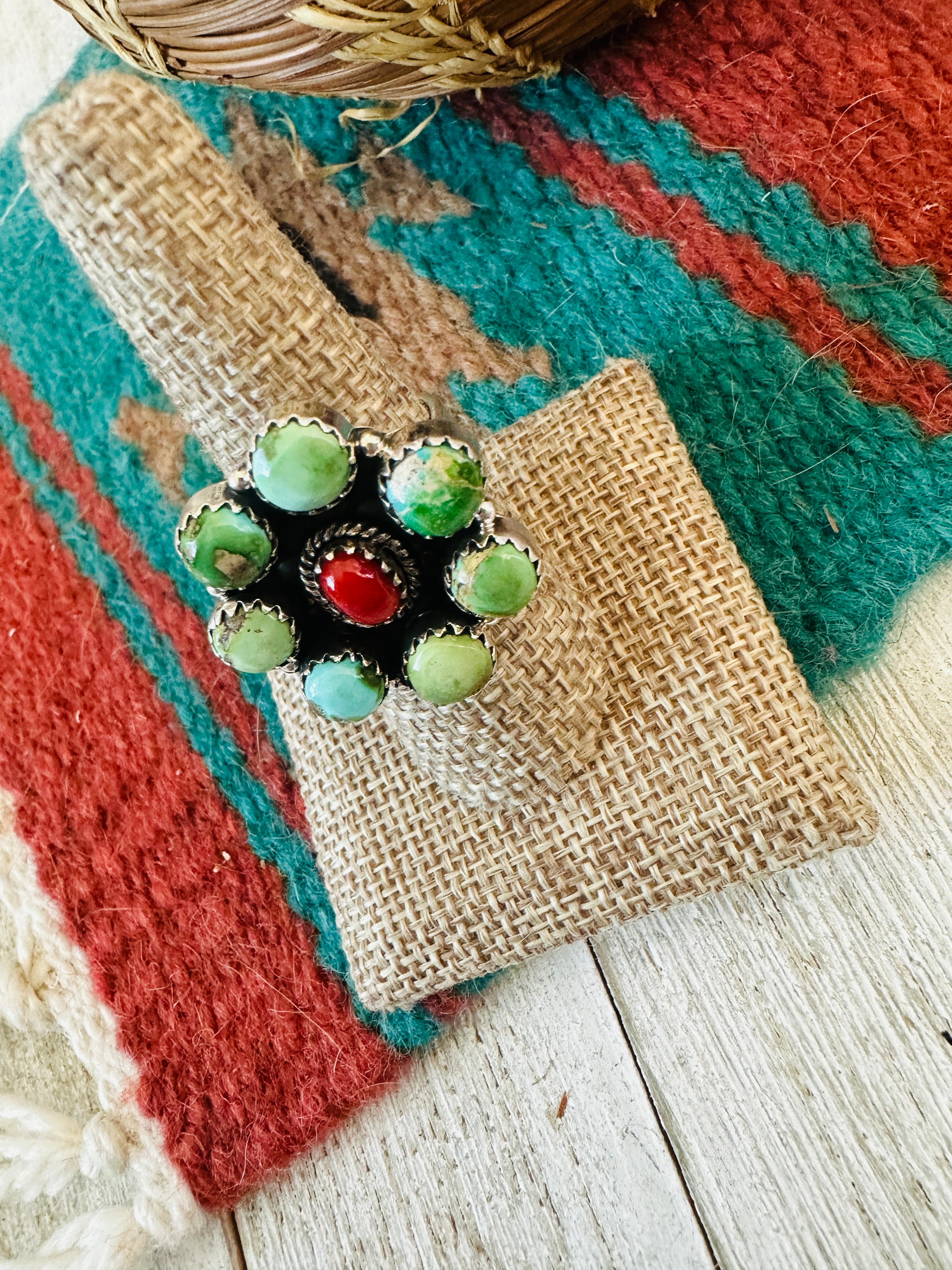** Christmas Collection ** Handmade Sterling Silver, Turquoise & Coral Adjustable Ring Signed Nizhoni
