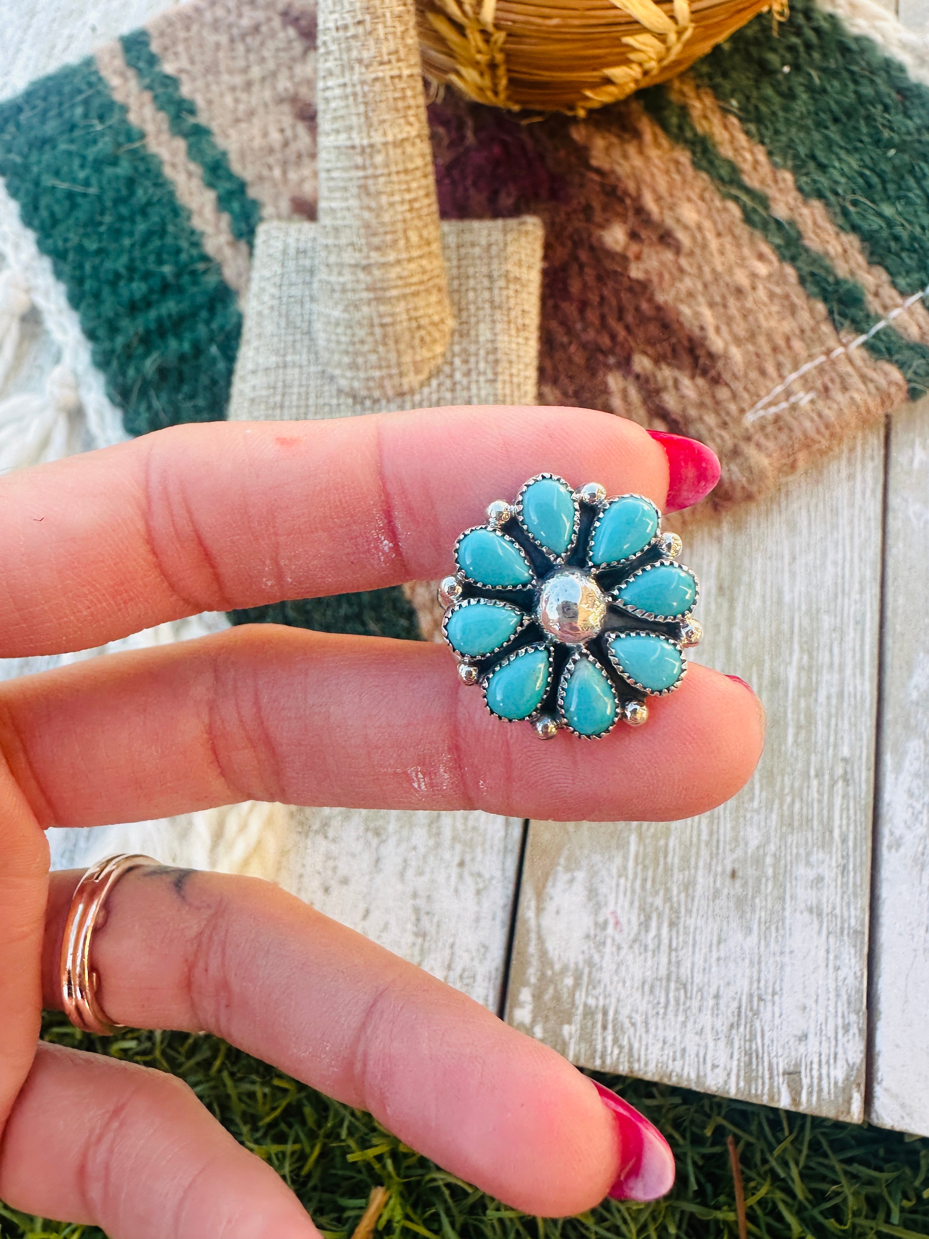 Handcrafted Turquoise Flower & Sterling Silver Cluster Ring