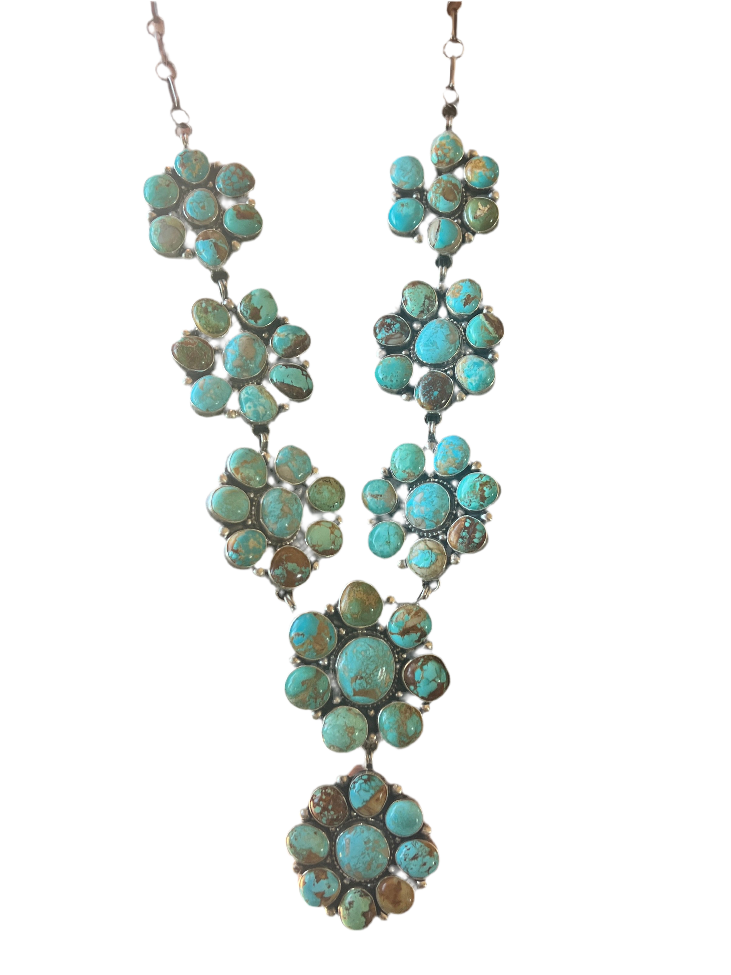 Handcrafted Big Mama Sterling Silver and Royston Turquoise Cluster Necklace with Matching Earrings by Sheila Becenti