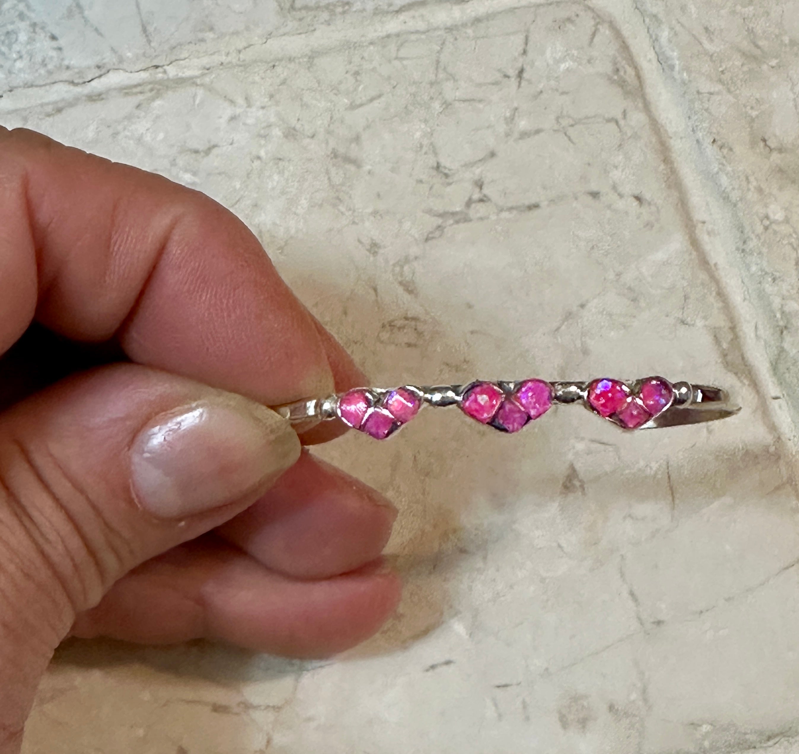 Sterling Silver Opal Three Hot Pink Hearts Baby Cuff Bracelet