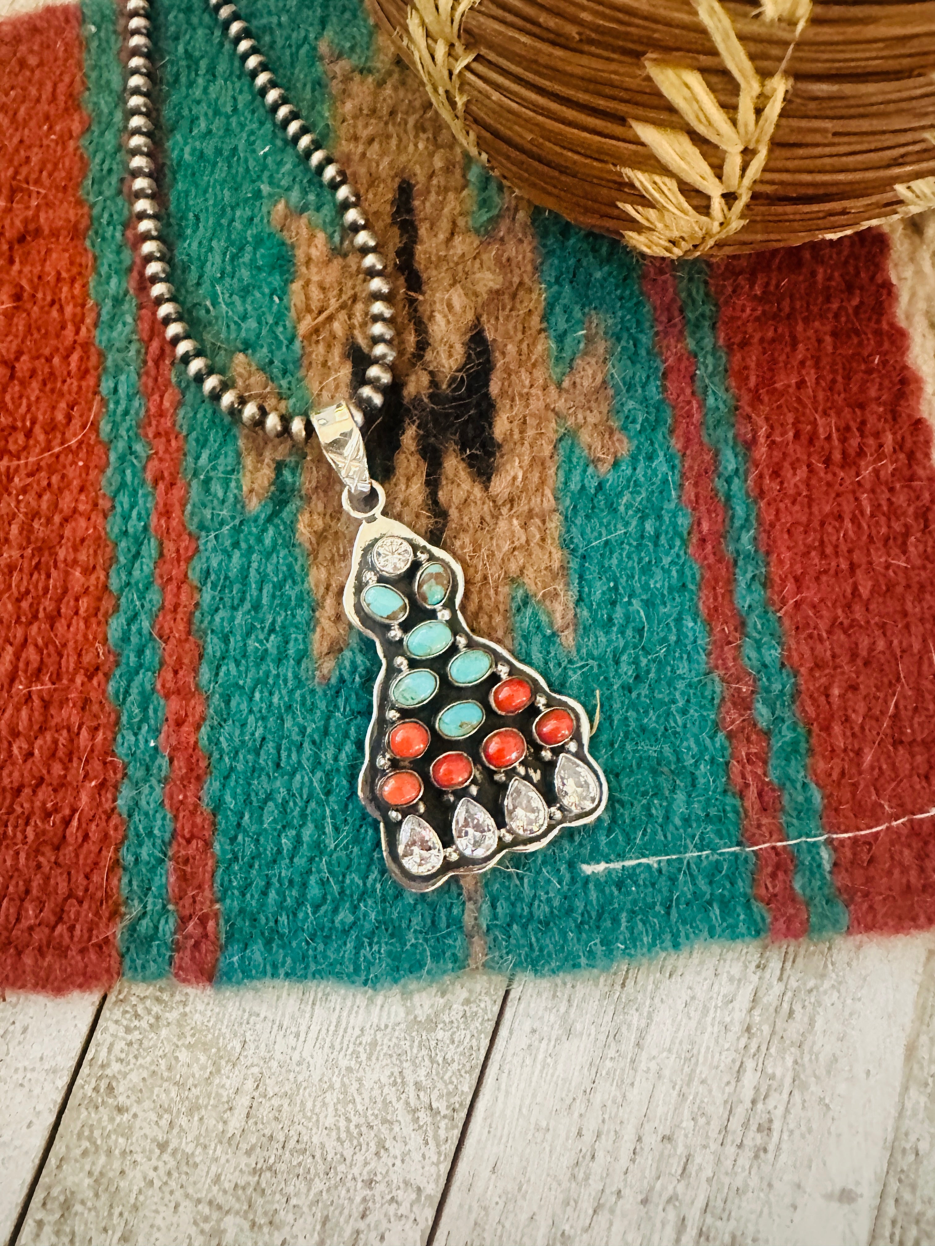 ** Christmas Collection ** Handmade Sterling Silver, Coral, Turquoise & CZ Pendant Signed Nizhoni