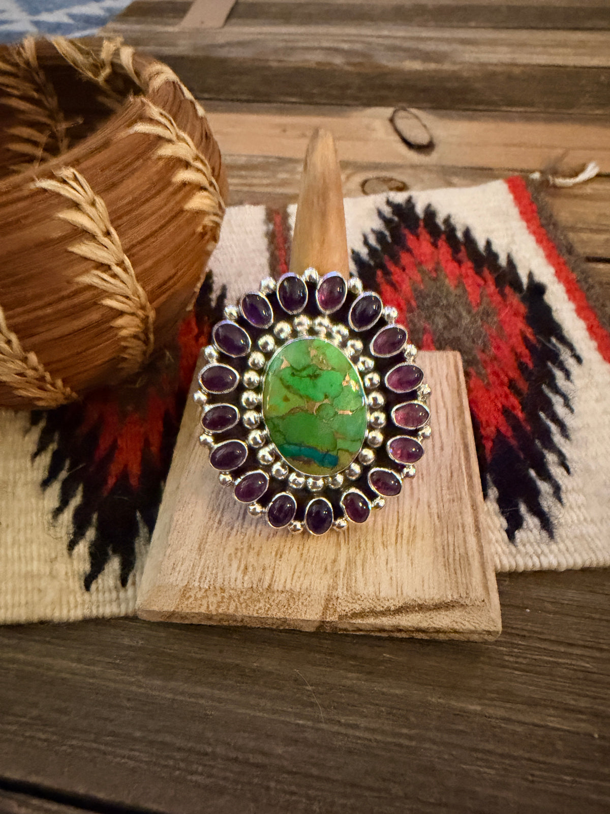 Handcrafted Mojave Turquoise, Amethyst & Sterling Silver Adjustable Cluster Ring