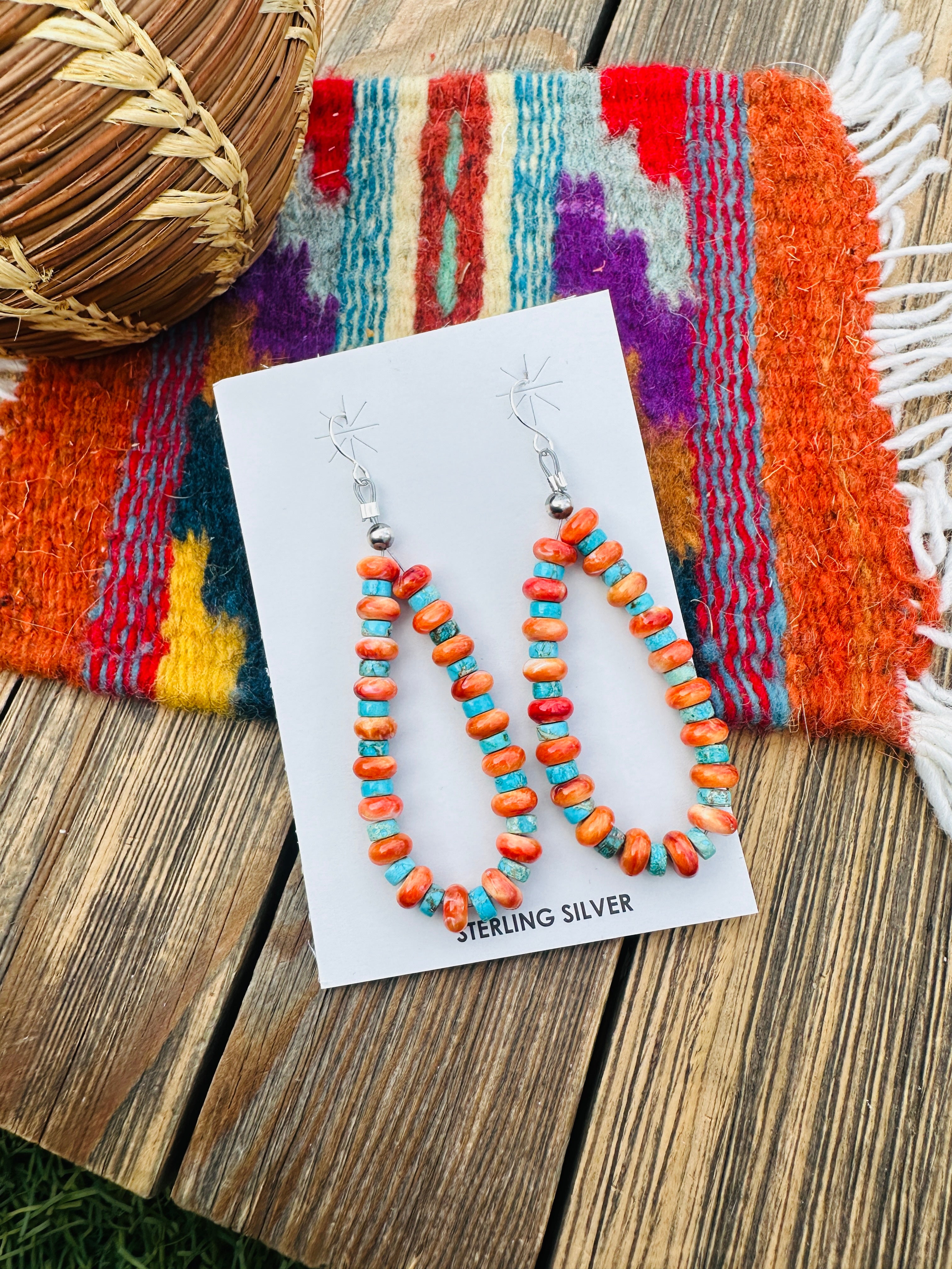 Handcrafted Orange Spiny, Turquoise & Sterling Silver Beaded Dangle Hoop Earrings