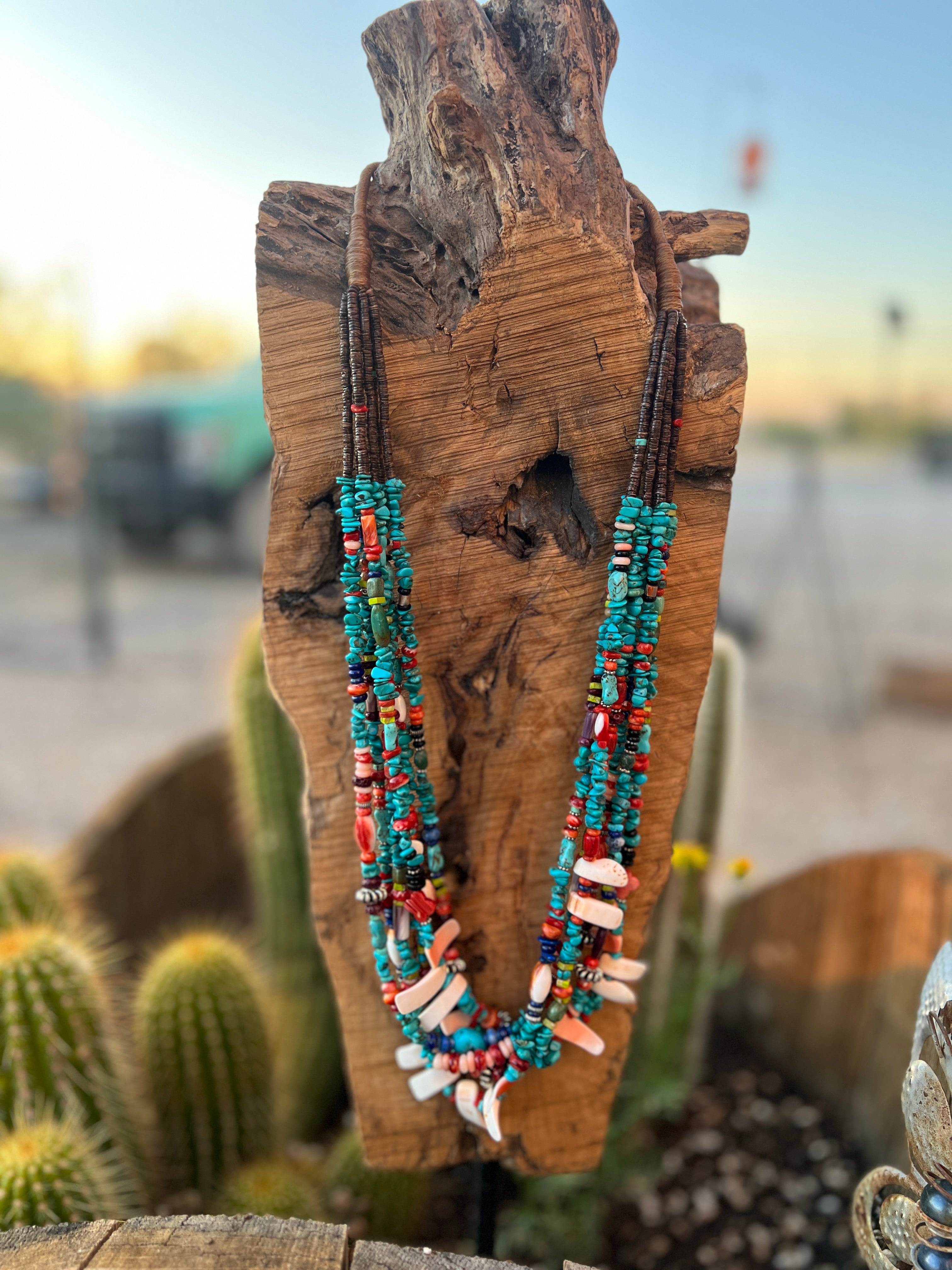 Gorgeous Santo Domingo Made Six Strand Turquoise and Spiny Oyster Beaded Squaw Wrap Necklace, Blue