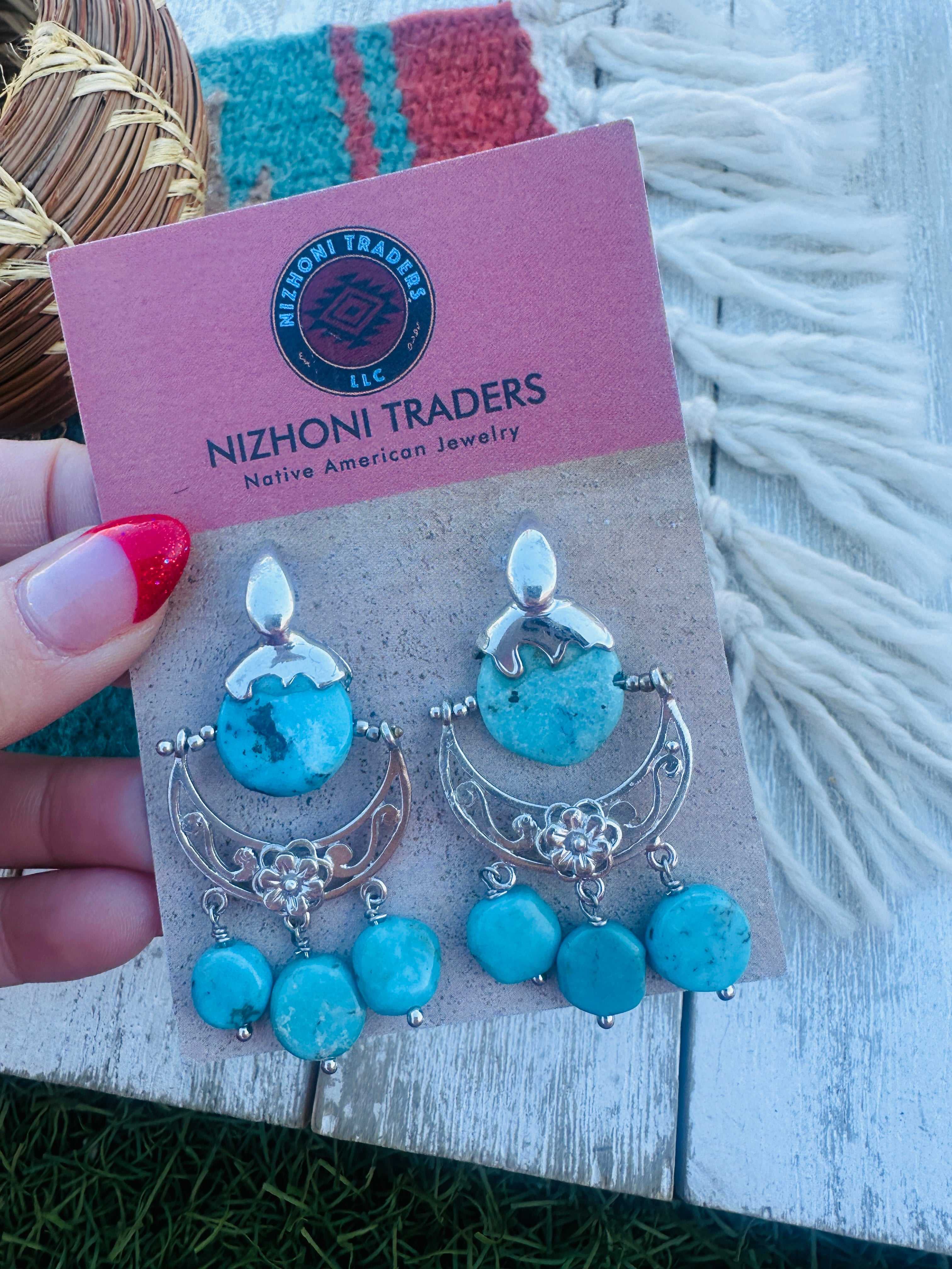 Handcrafted Turquoise & Sterling Silver Flower Dangle Earrings