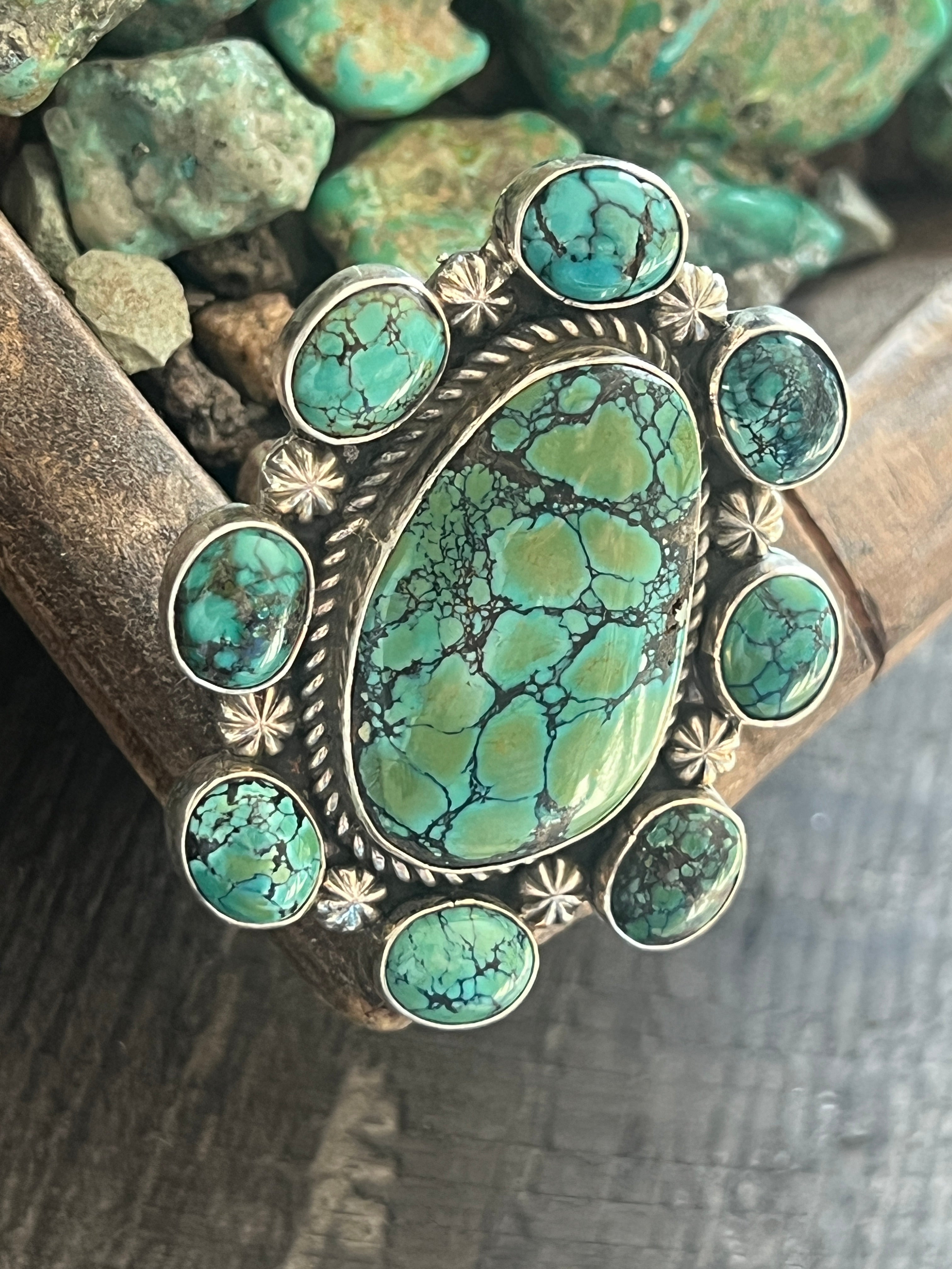 Handcrafted Sterling Silver and Hubei Turquoise Cluster Ring by Rosella Paxson, Size 8.5
