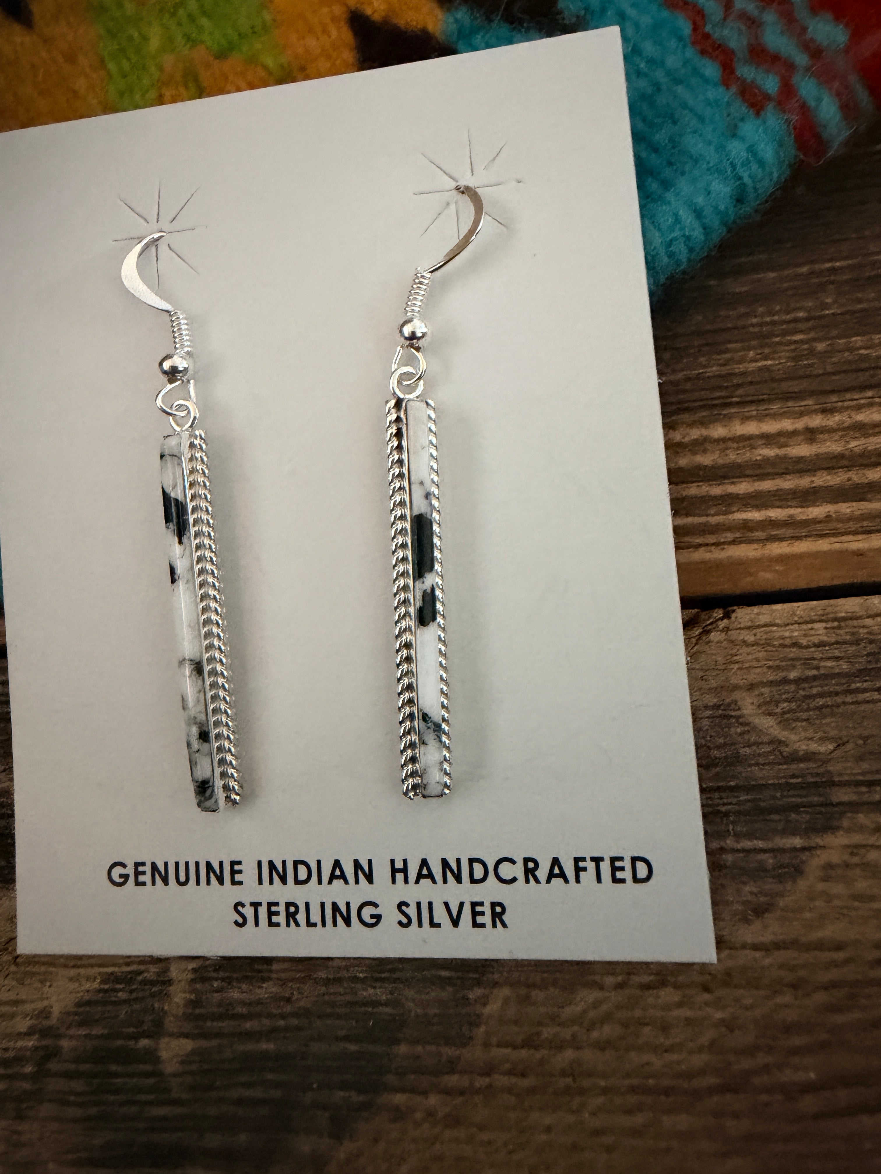 Handcrafted White Buffalo & Sterling Silver Inlay Dangle Earrings by Allen Barney