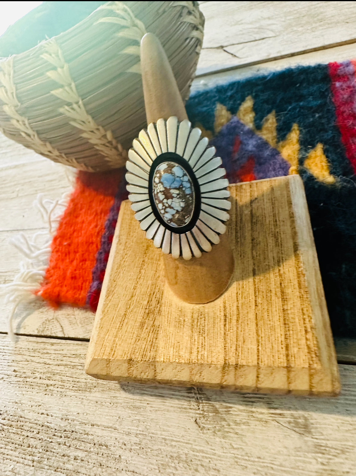 Navajo Golden Hills Turquoise & Sterling Silver Shadowbox Ring Size 6