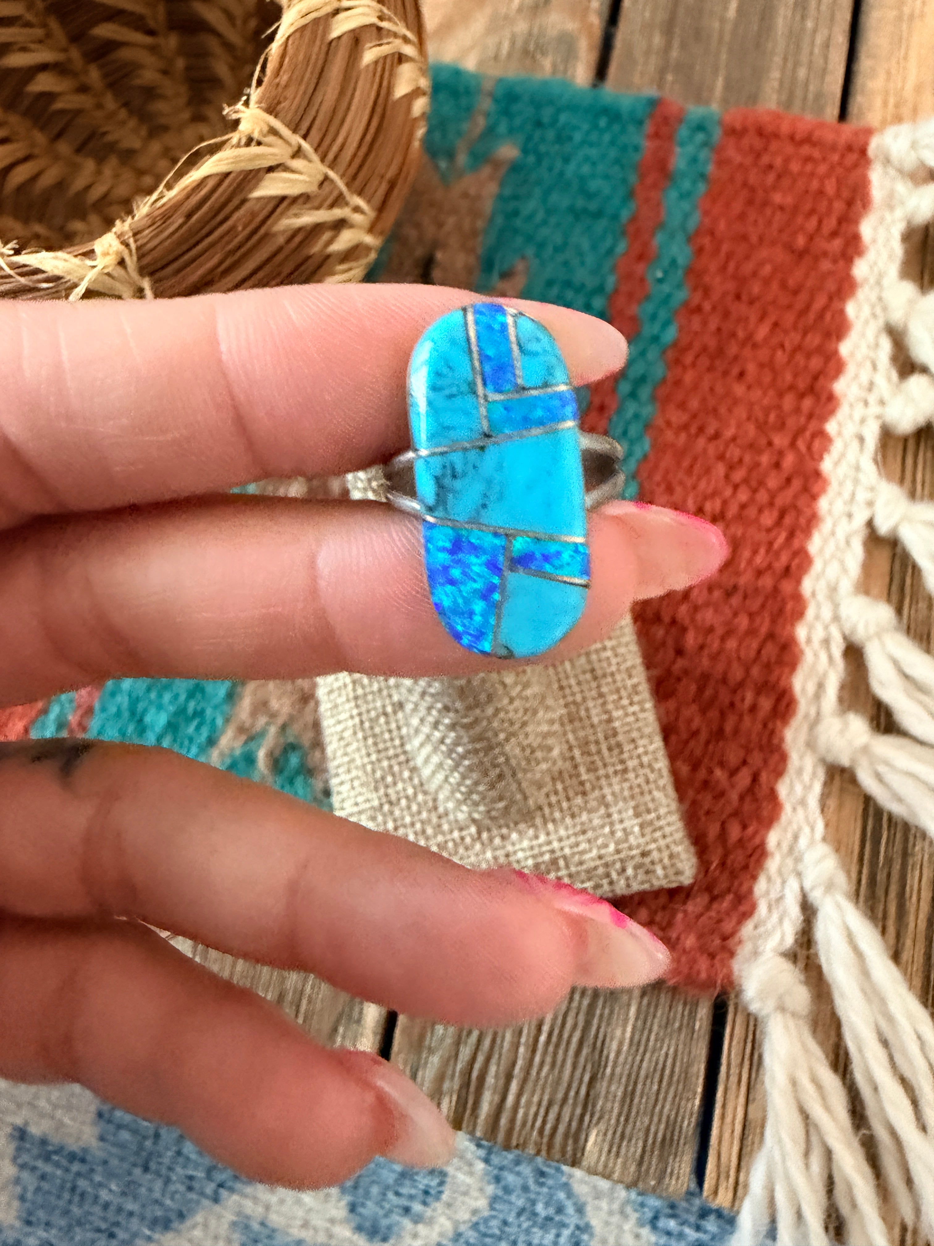 Old Pawn Handcrafted Turquoise, Opal & Sterling Silver Inlay Ring Size 7