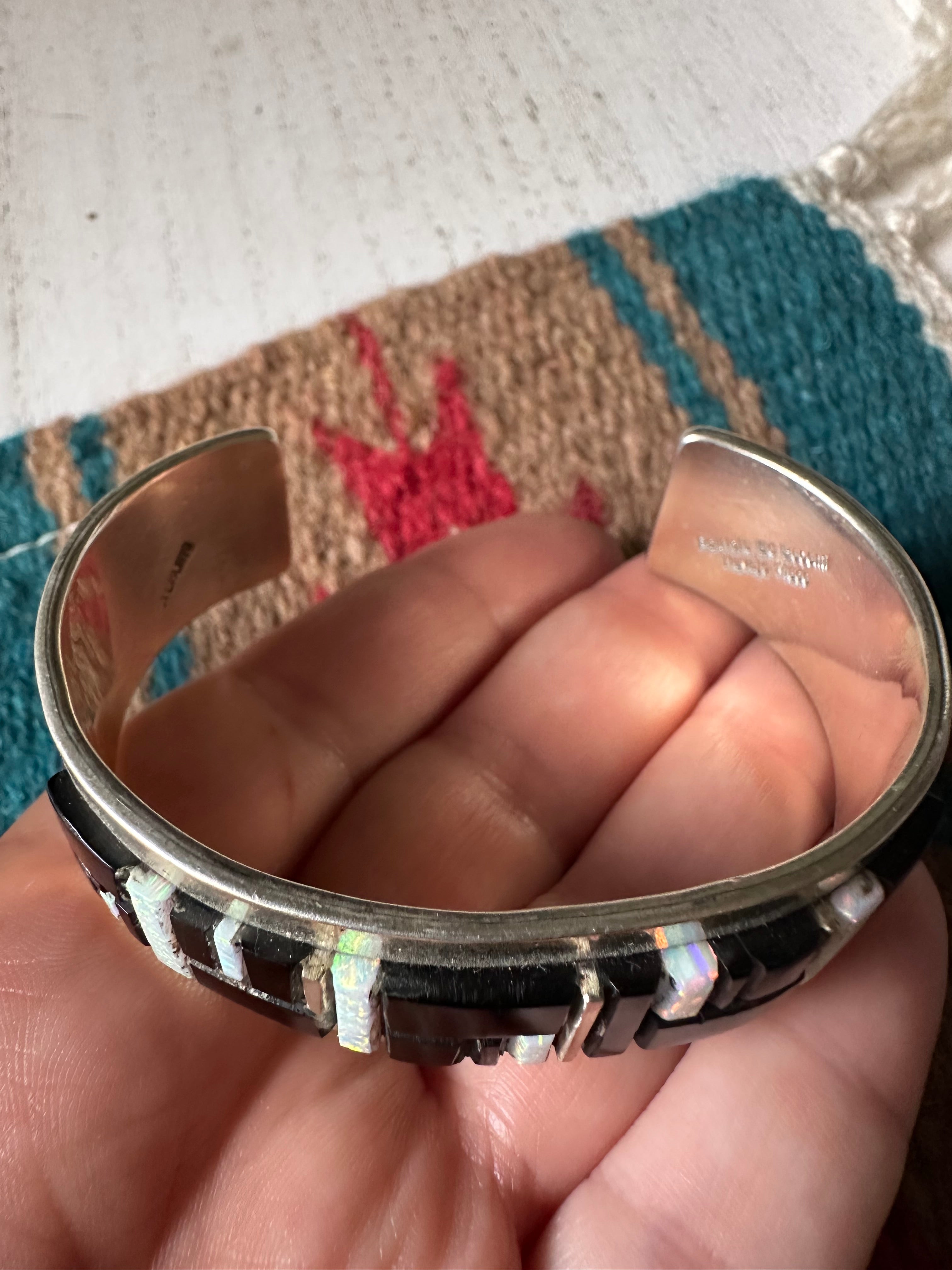 Fire Opal, Onyx & Sterling Silver Inlay Cuff Bracelet Signed Patricia Ed Becenti /