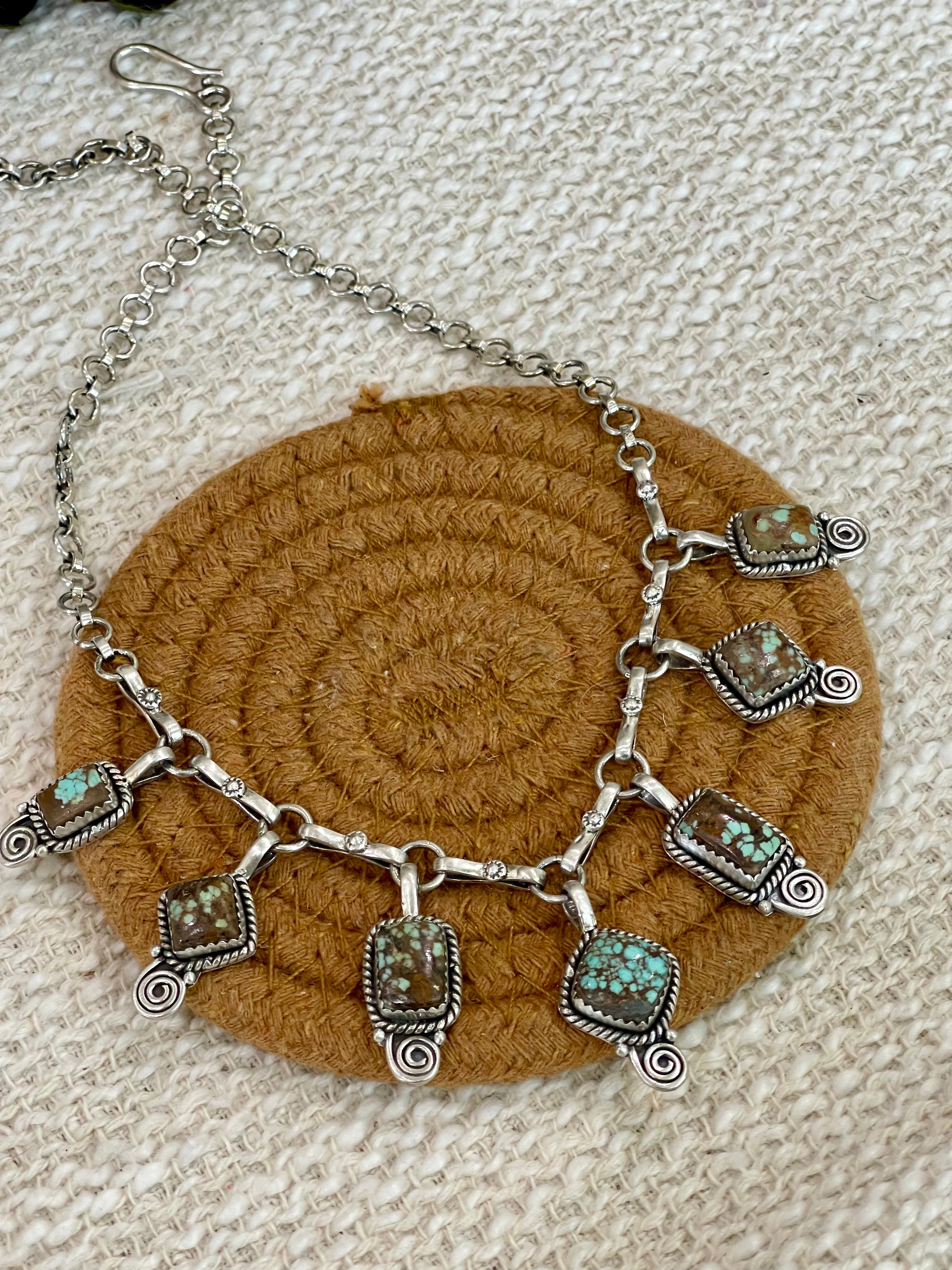 Handmade Sterling Silver Number 8 Turquoise Necklace with Signed Nizhoni
