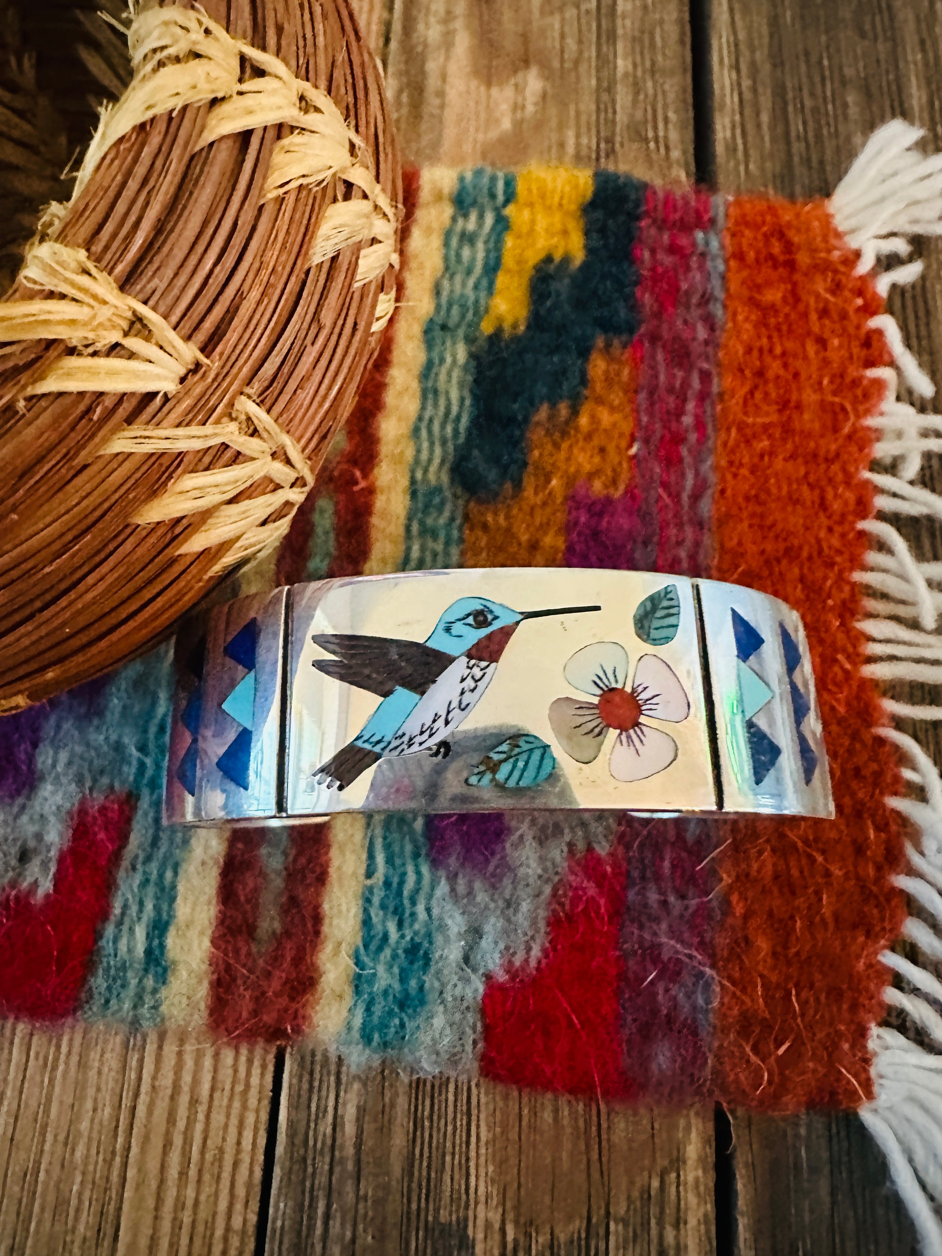 Handcrafted Sterling Silver & Multi Stone Inlay Hummingbird Cuff Bracelet by R.N. Laconsello