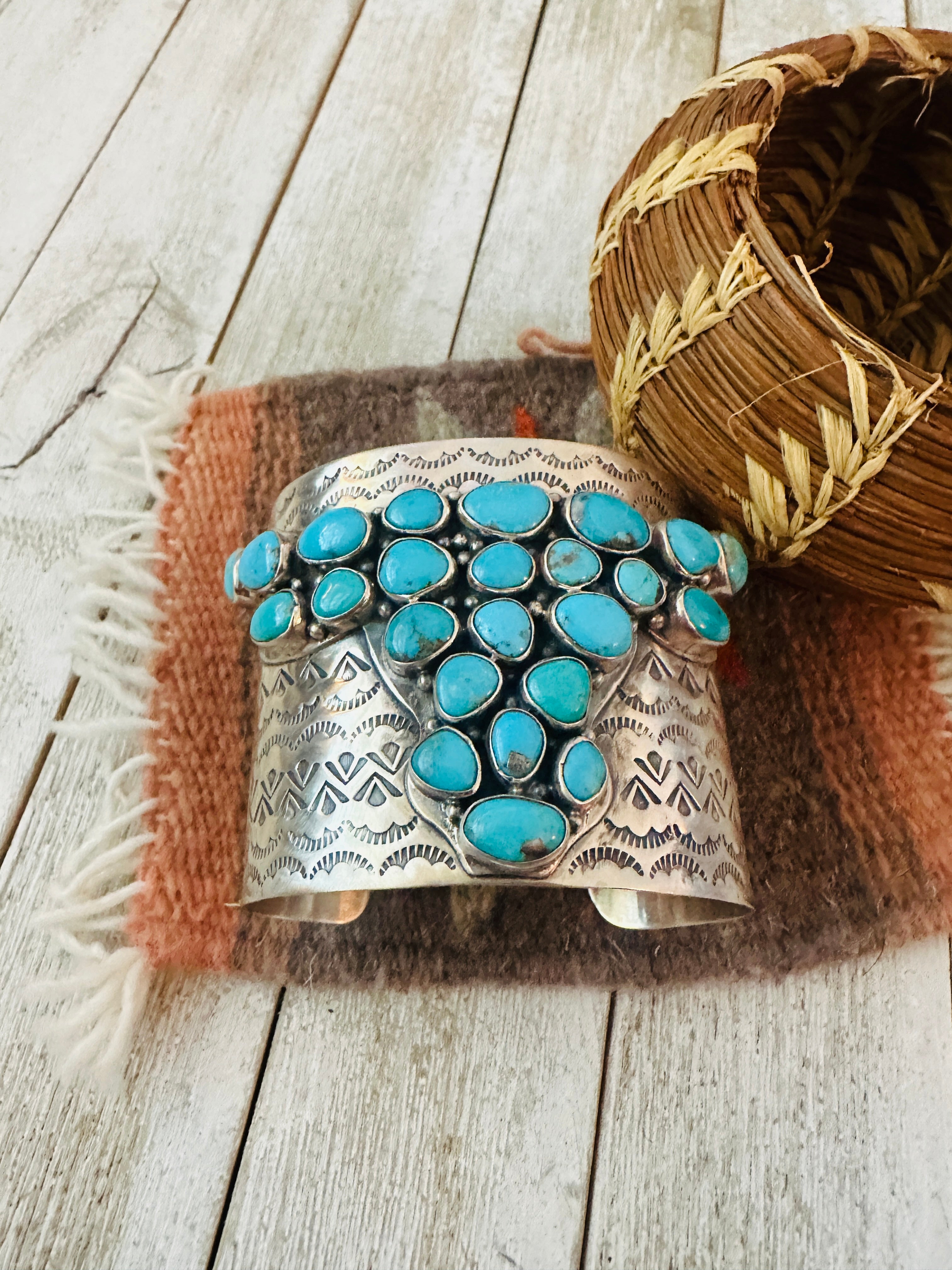 Handcrafted Sterling Silver & Turquoise Bullhead Cluster Cuff Bracelet /