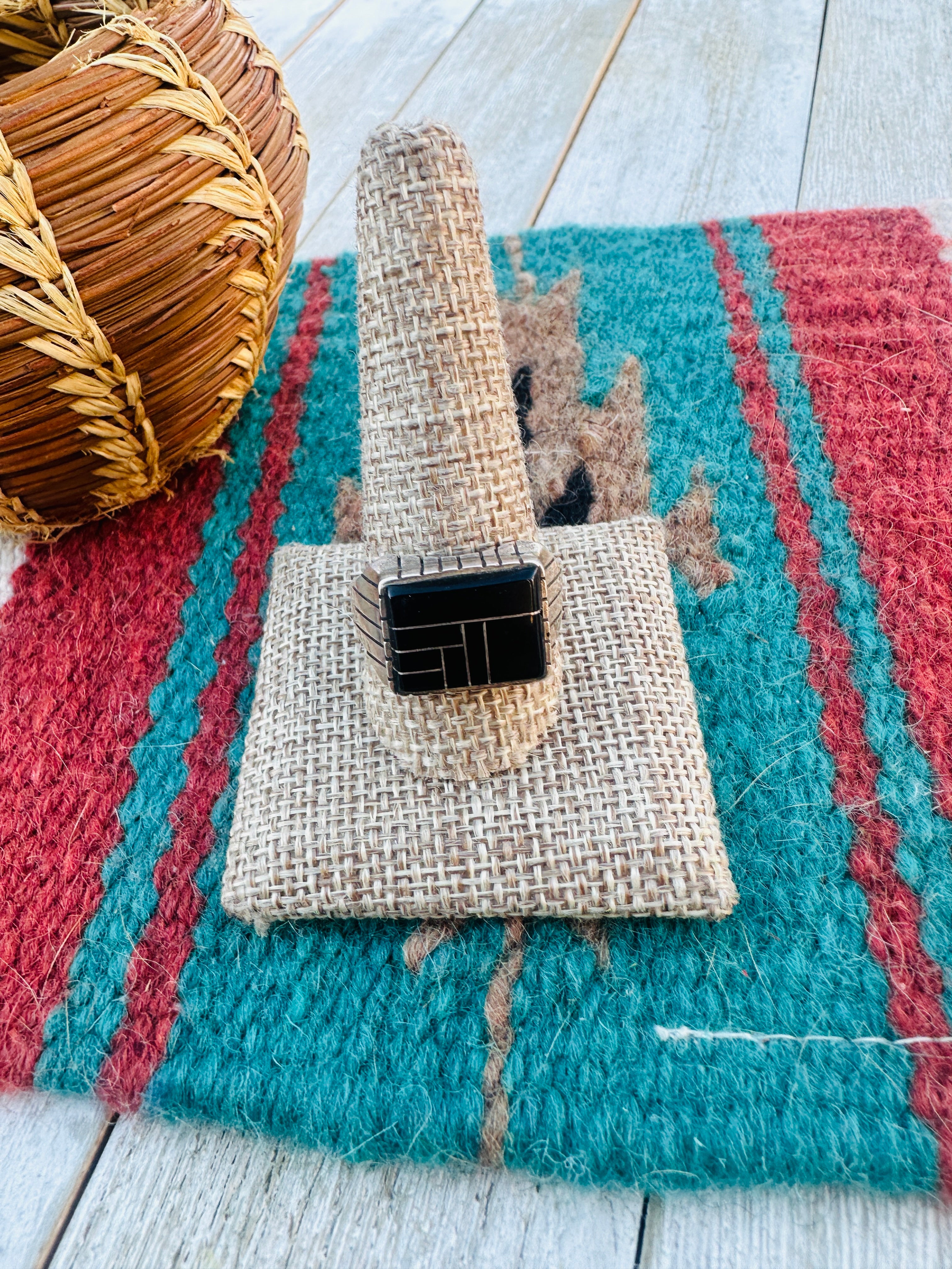 Old Pawn Handcrafted Onyx & Sterling Silver Inlay Ring Size 12