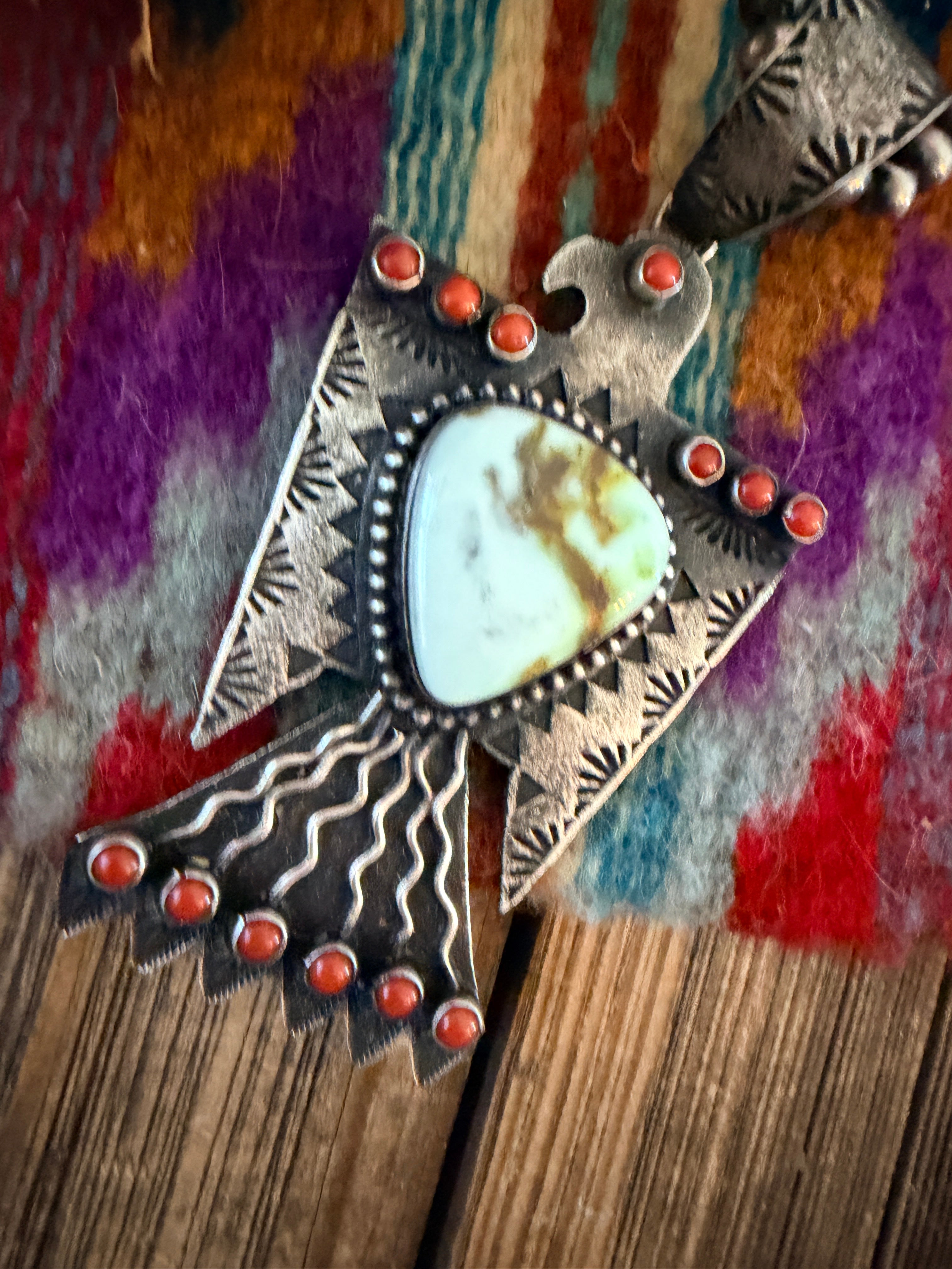 Handcrafted Sterling Silver, Turquoise & Coral Thunderbird Pendant by Shawn Cayatineto