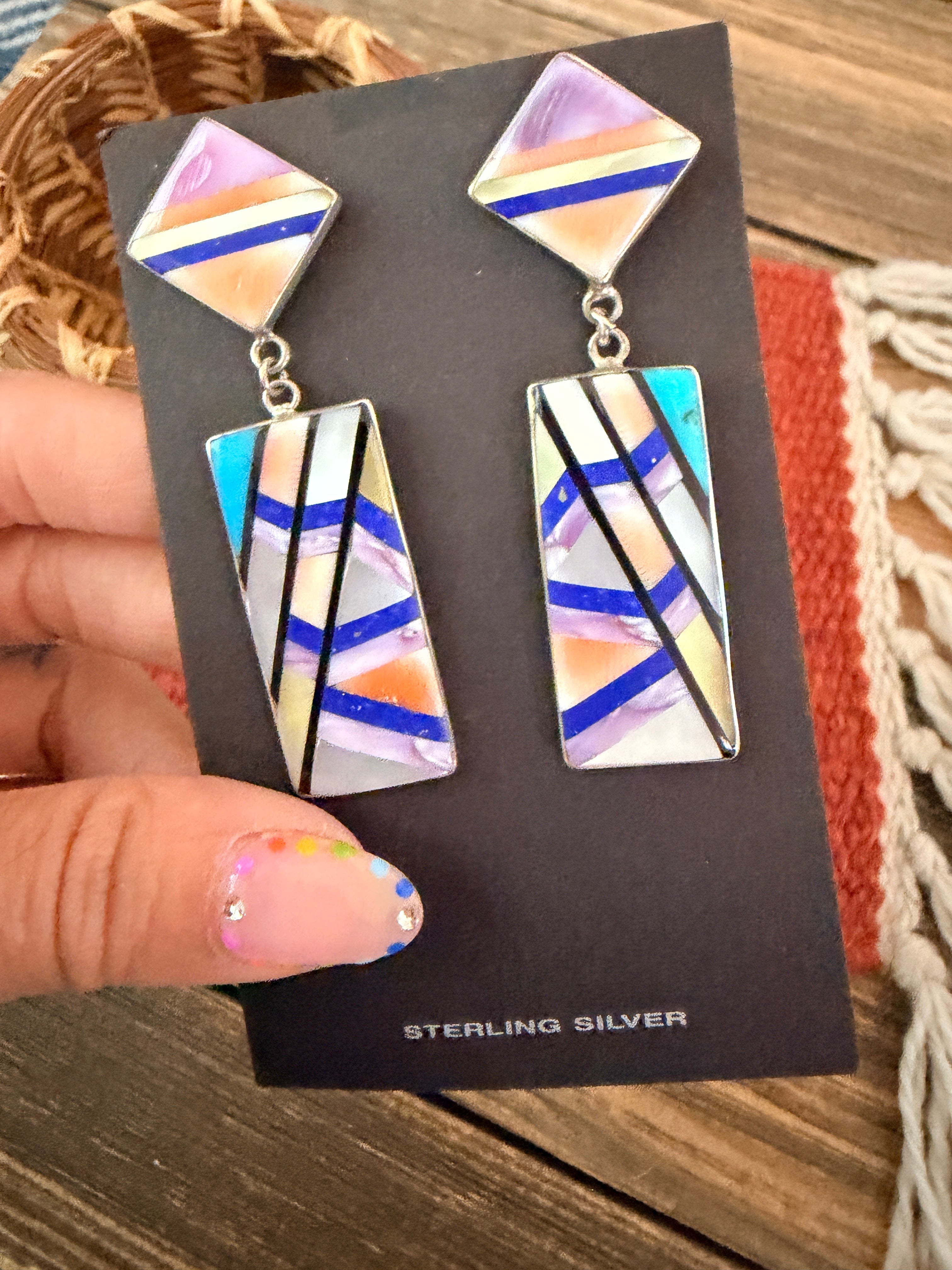 Old Pawn Handcrafted Sterling Silver & Multi Stone Inlay Dangle Earrings