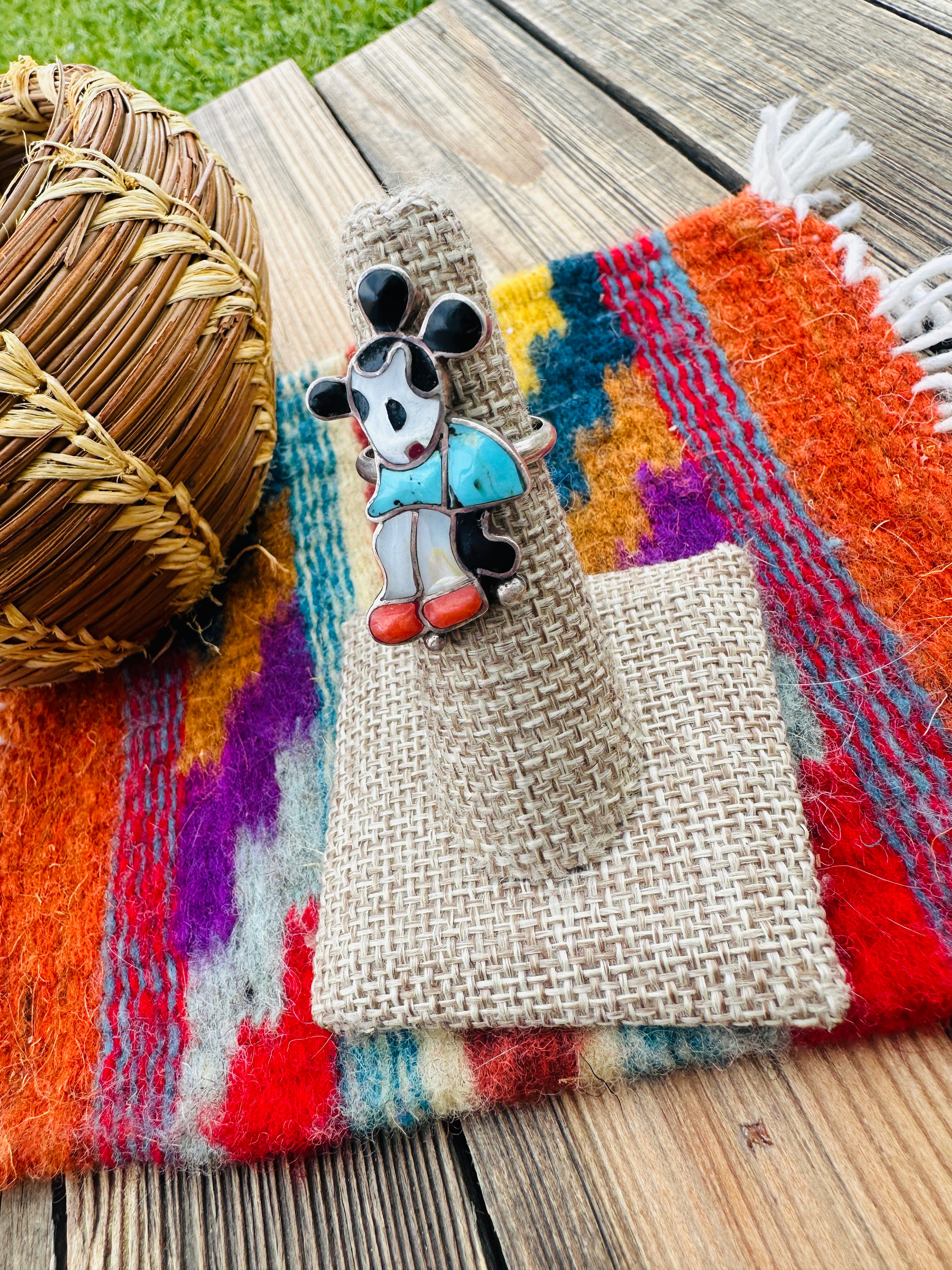 Old Pawn Handcrafted Multi Stone & Sterling Silver Character Ring Size 5.5