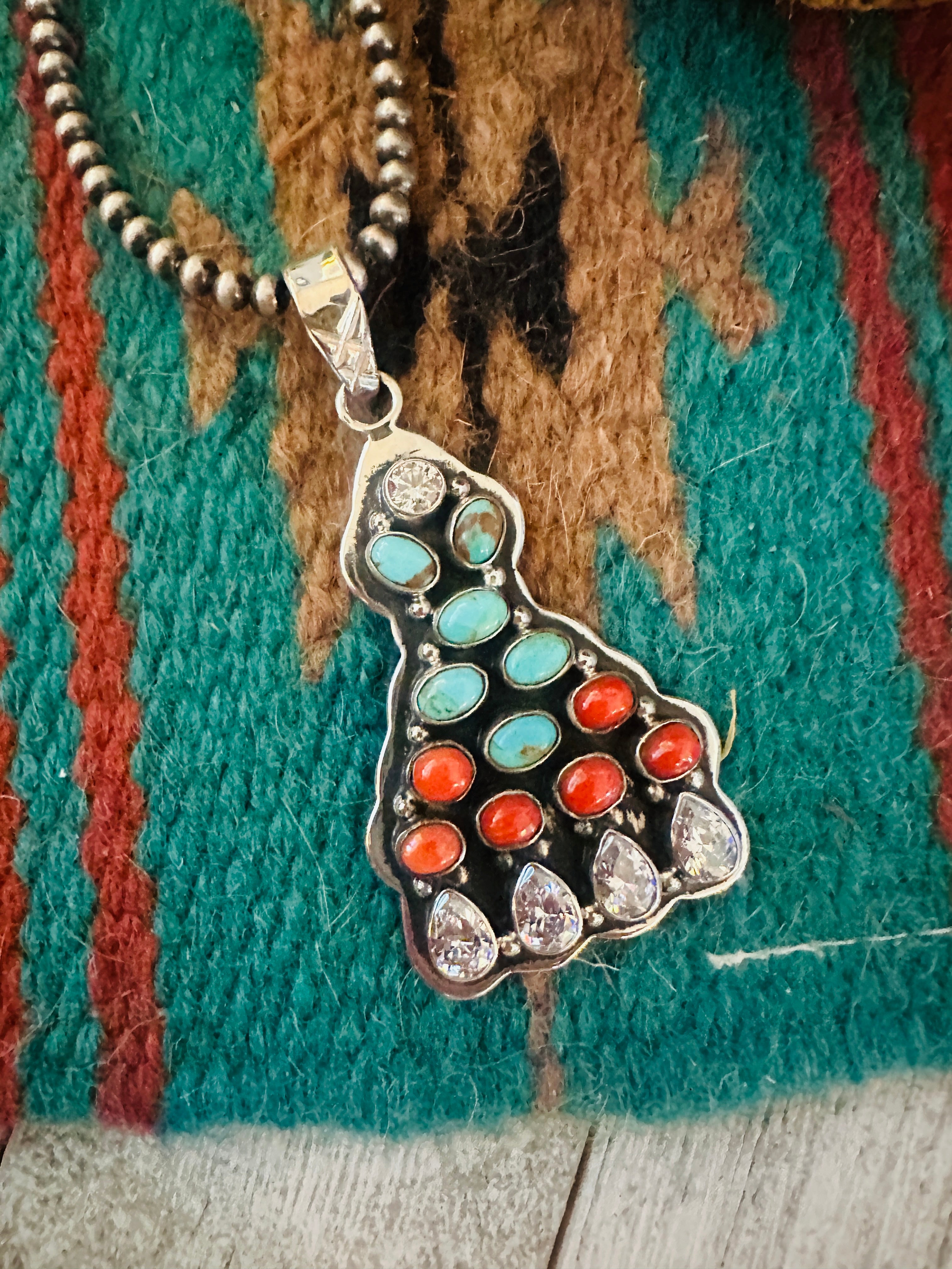 ** Christmas Collection ** Handmade Sterling Silver, Coral, Turquoise & CZ Pendant Signed Nizhoni