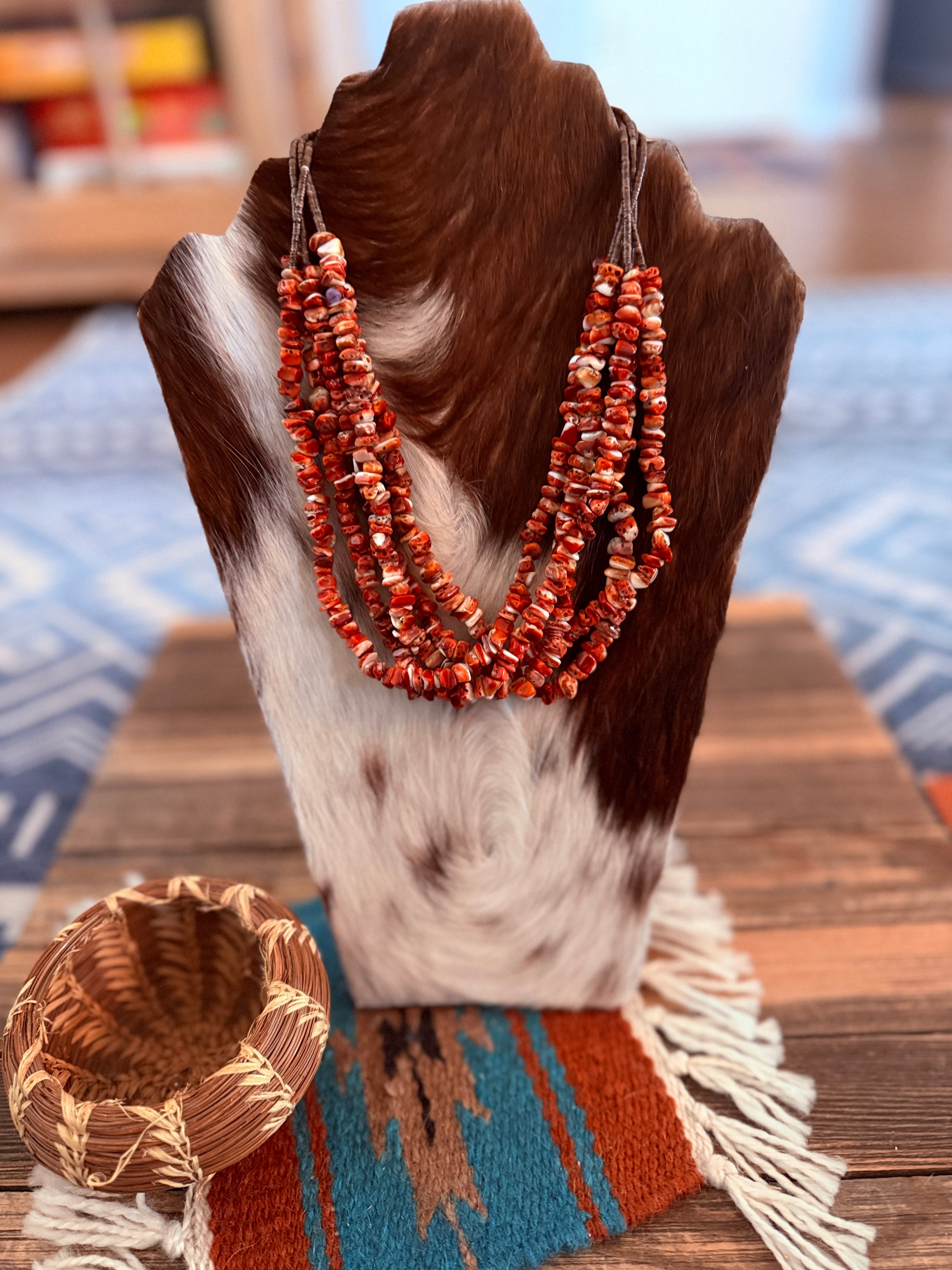 Old Pawn Handcrafted Spiny Oyster, Heishi & Sterling Silver Five-Strand Beaded 18” Necklace