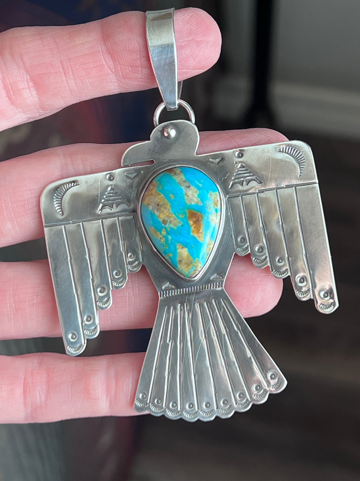 Kimari Somers Hand Stamped Sterling Silver & Kingman Turquoise Thunderbird Pendant 3